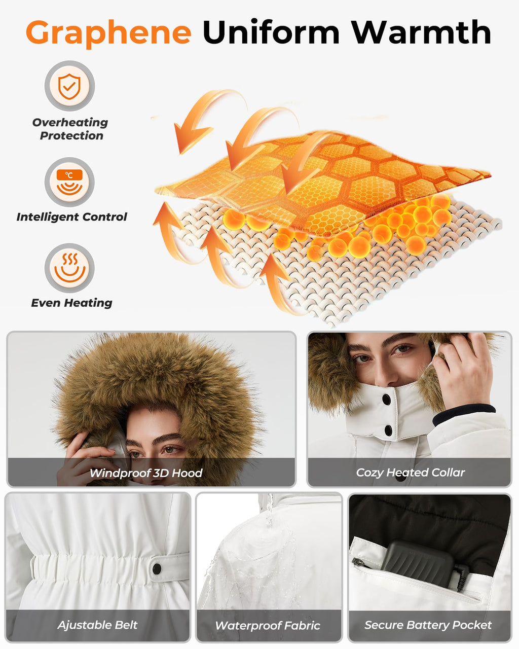 Graphene Long Heated Jacket for Women with 18400mAh 12V Battery Pack, Womens Parka Coat with Faux Fur Detachable Hood