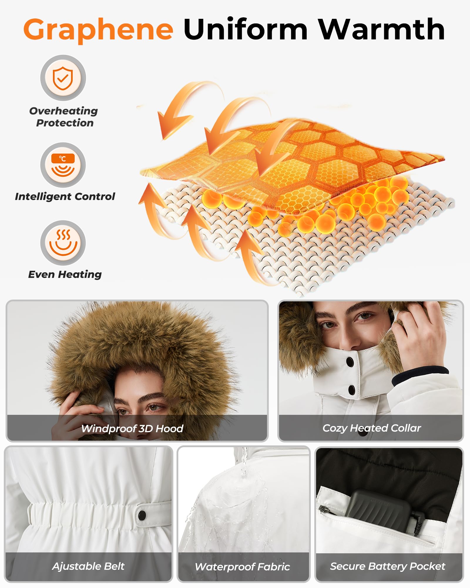 Graphene Long Heated Jacket for Women with 18400mAh 12V Battery Pack, Womens Parka Coat with Faux Fur Detachable Hood