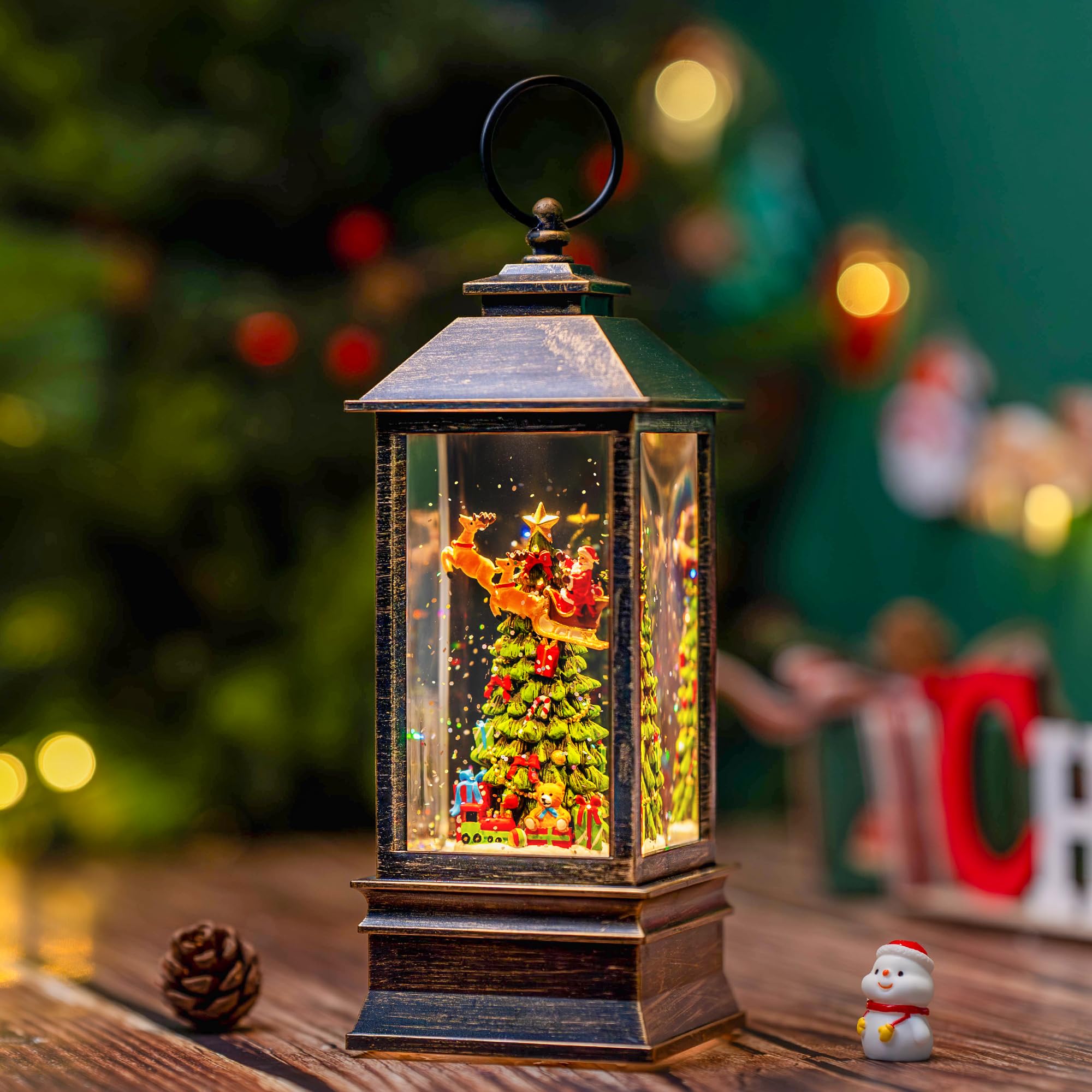 Fall Snow Globe Lantern with Autumn Turkey and Pumpkins Thanksgiving LED Decor for Home, Indoor Tabletop Centerpiece with Glitter Flakes, Harvest Light Decorations
