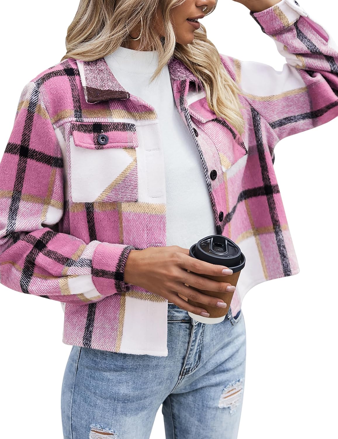 Zeagoo Flannels for Women Cropped Shacket Jacket Fashion Plaid Button Down Shirt 2025 Fall Coat Tops