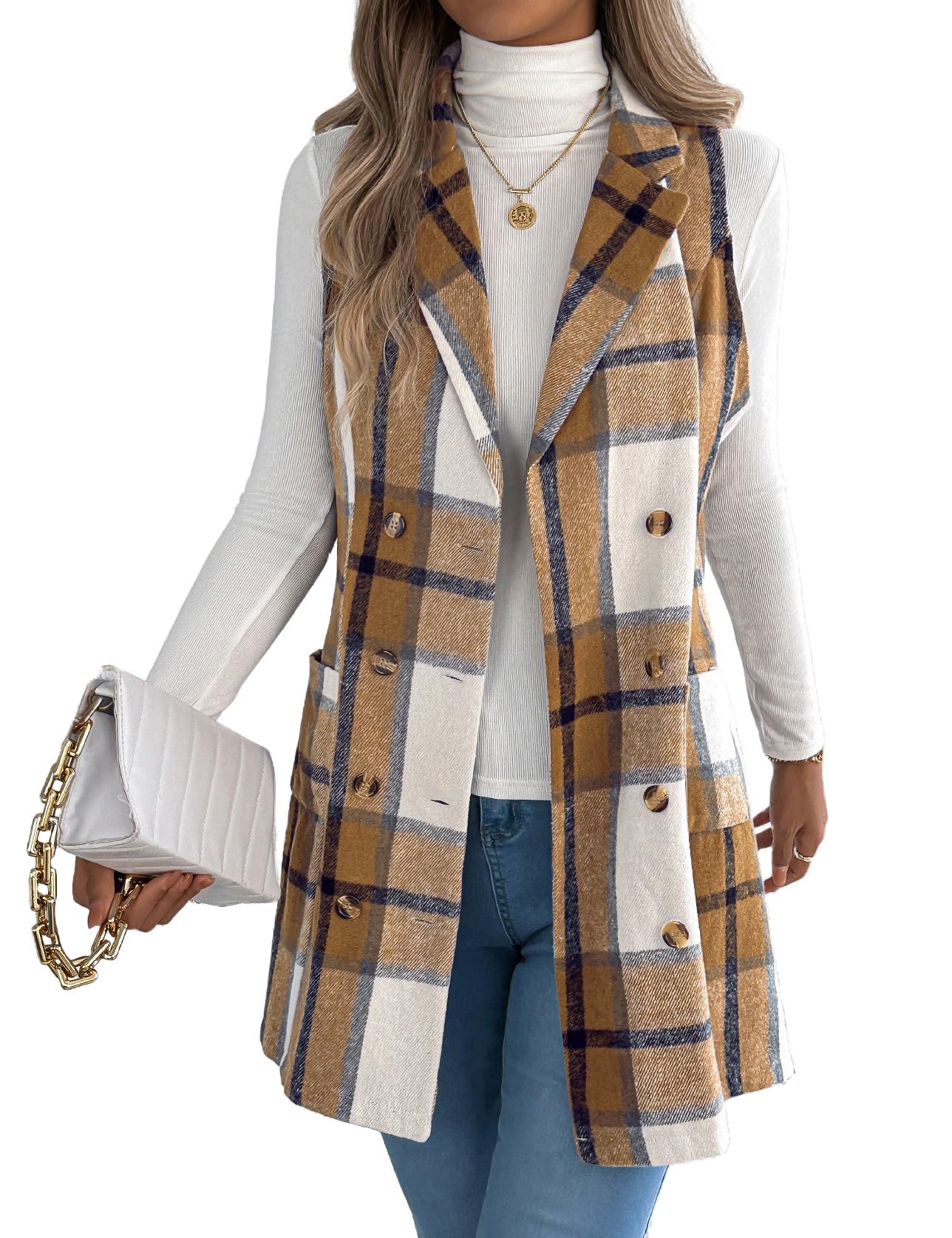 Kinghua Plaid Long Vest for Women Sleeveless Wool Coats Fall Winter Double Breasted Blazer Jackets Outwear