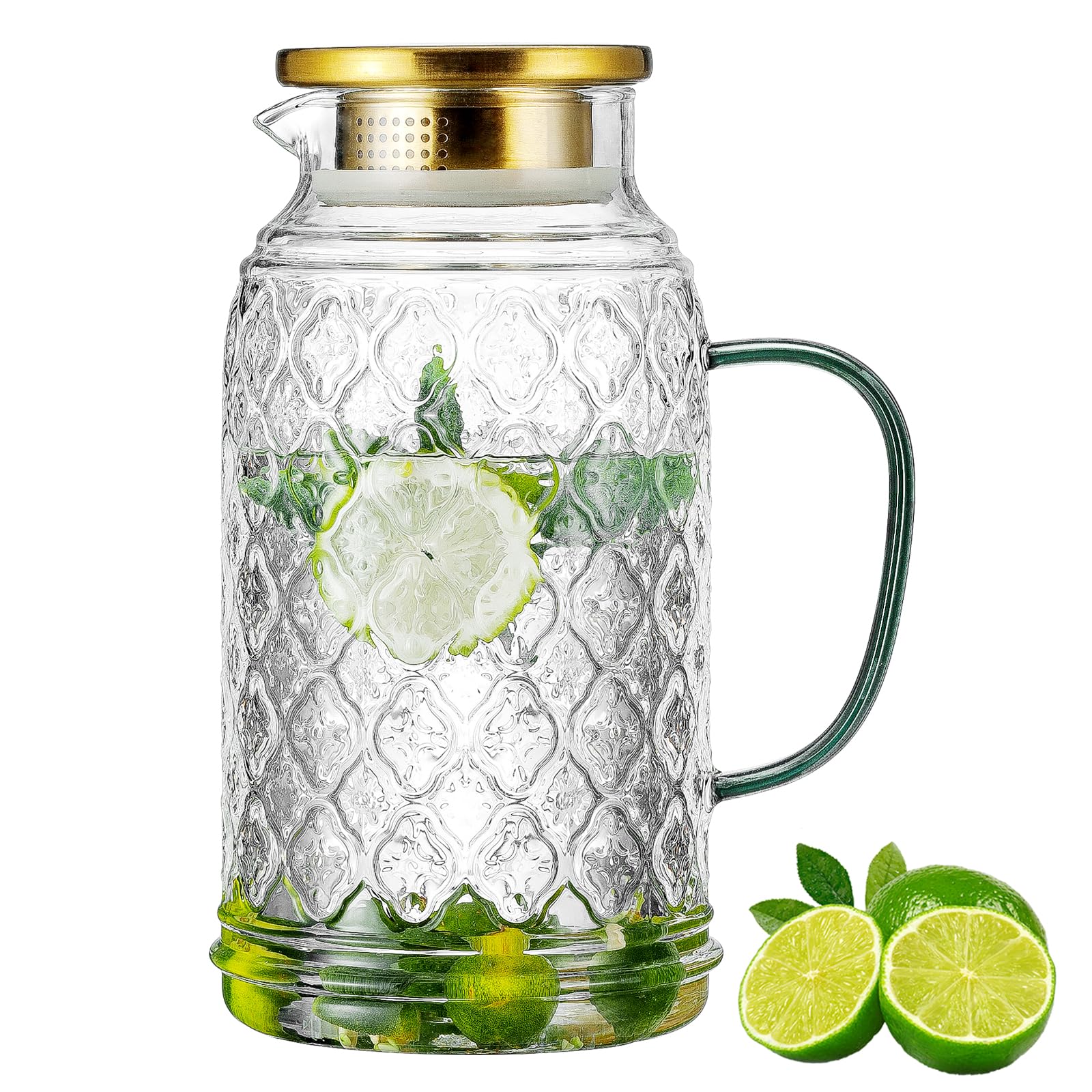 Glass Pitcher with Lid, 2 PACK 68 oz/2 Liter Vintage Water Pitcher, Clear Borosilicate Glass Water Carafe for Cold Brew, Coffee, Lemonade, Iced Sun Tea,Beverage, Milk, Heat Resistant