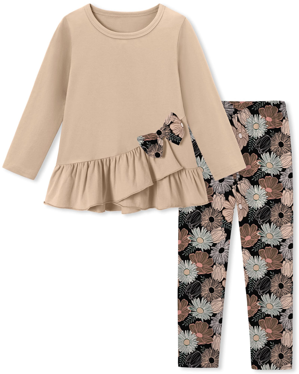 Toddler Girl Clothes 18M-8T Girls Fall Winter Outfit, Long Sleeve Ruffle Bowknot Top + Floral Pants 2Pcs Clothing Set