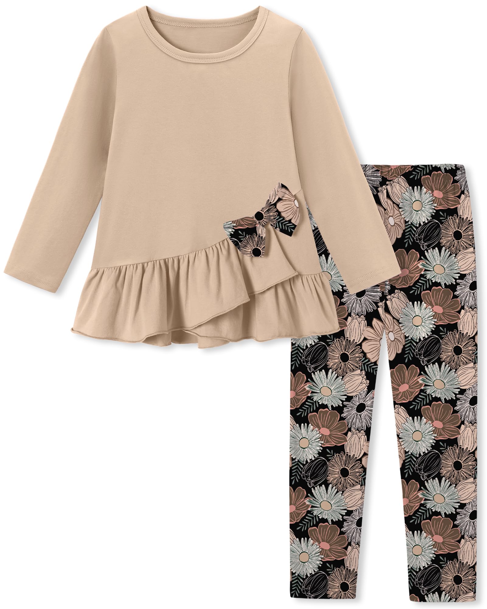 Toddler Girl Clothes 18M-8T Girls Fall Winter Outfit, Long Sleeve Ruffle Bowknot Top + Floral Pants 2Pcs Clothing Set
