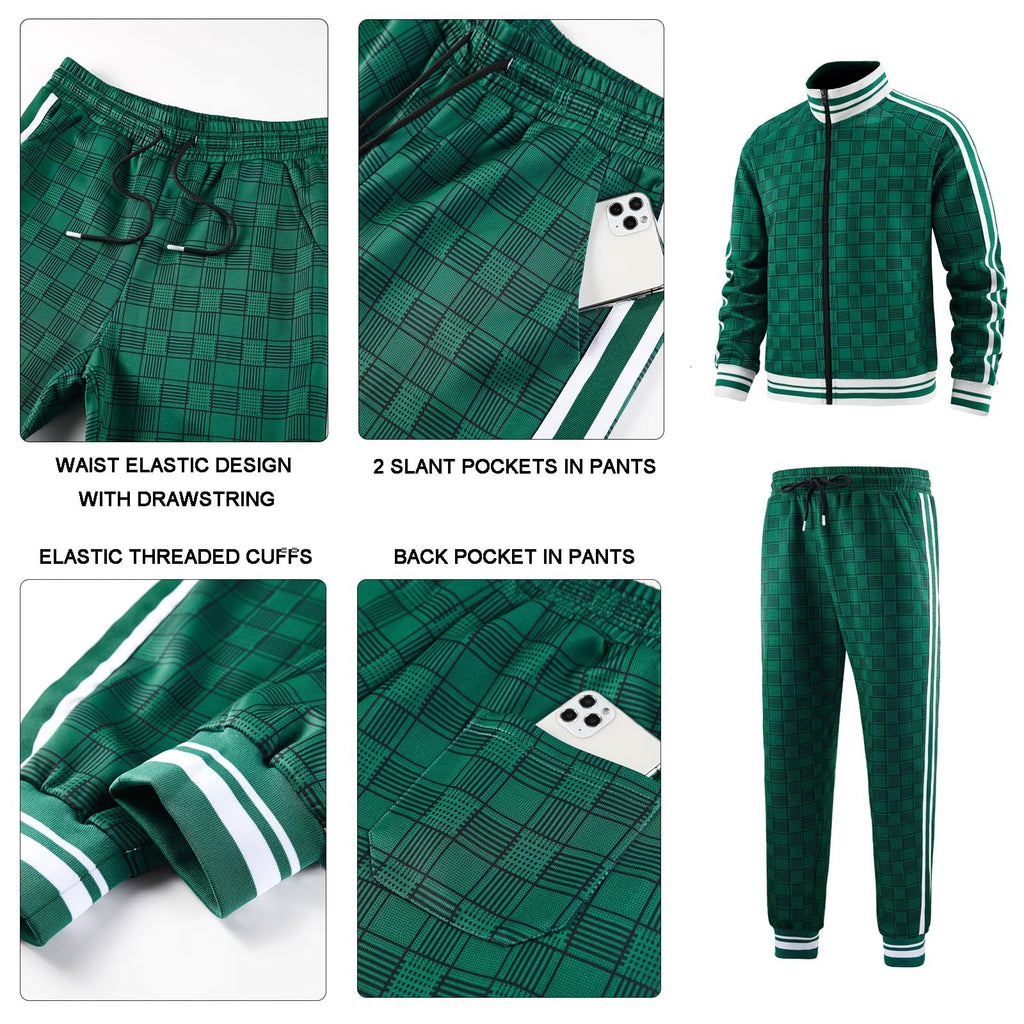 Men Tracksuits Full-zip Long Sleeve Plaid Track Jackets and Pants 2 Piece