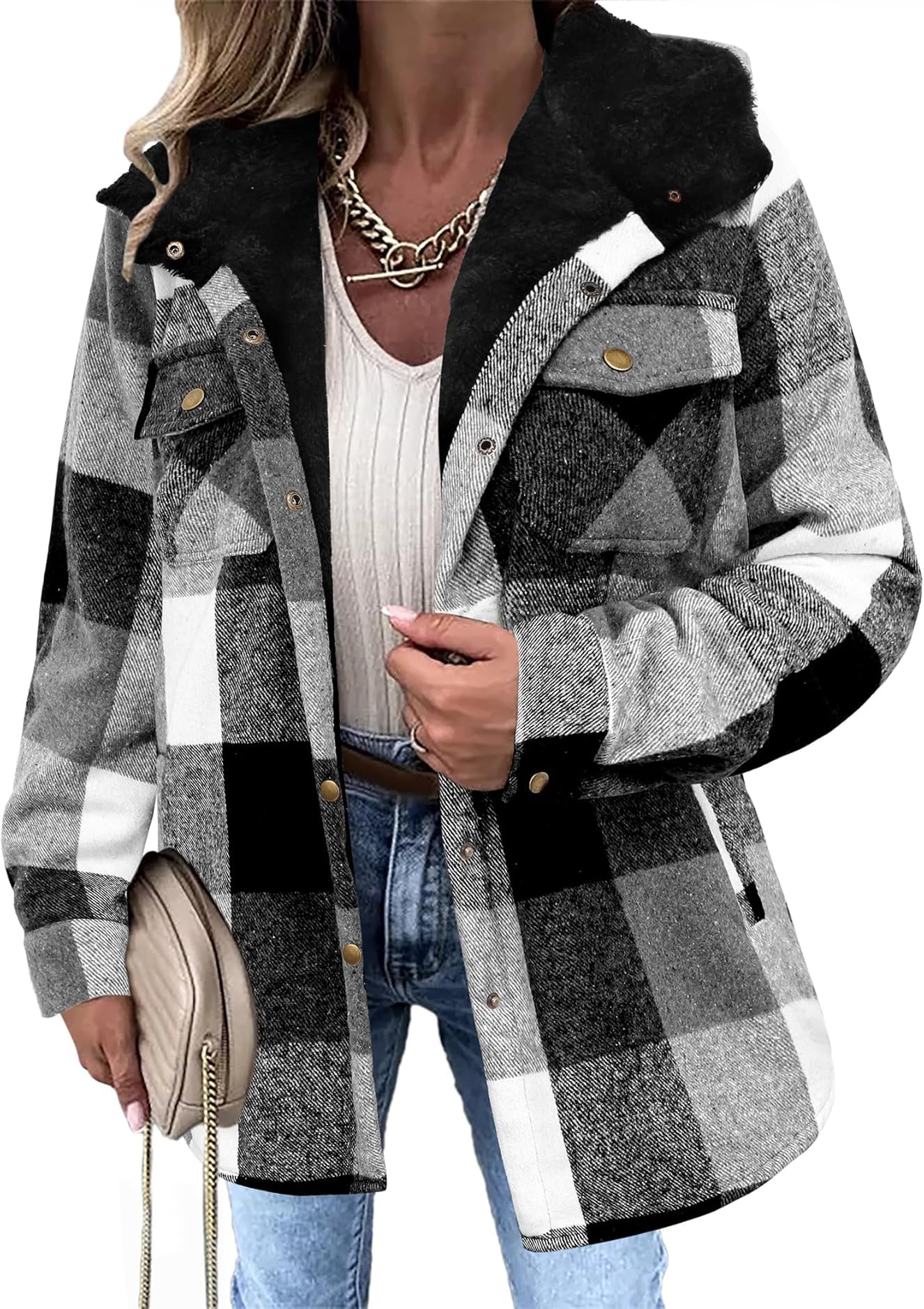 Zeagoo Womens Plaid Shacket Jacket Long Sleeve Fleece Hooded Jackets Fall Winter Warm Coat S-2XL