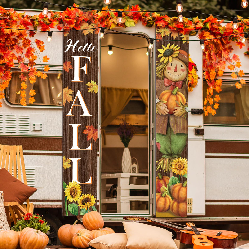 Fall Harvest Scarecrow Porch Banner Sign - Autumn Thanksgiving Front Door Decorations, 12 x 71 Inch