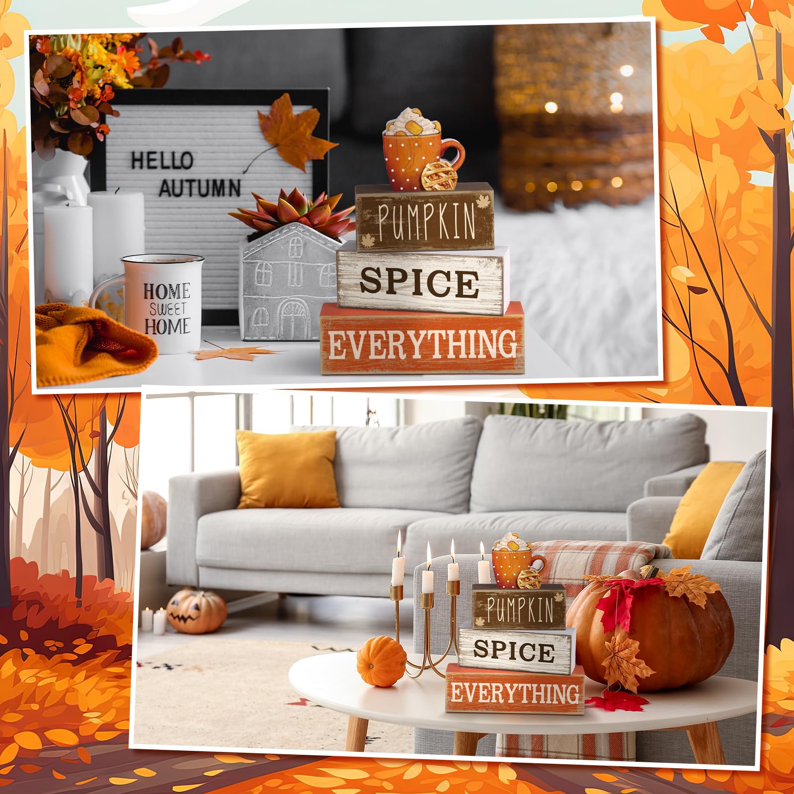 4 Pcs Fall Decor Wooden Maple Leaf Decoration Fall Tiered Tray Decor Rustic Wooden Maple Leaf Block Sign Gift Thanksgiving Table Centerpiece Farmhouse for Autumn Harvest Party Home Kitchen