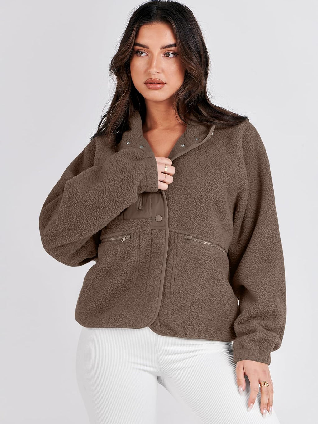 ANRABESS Womens Fuzzy Fleece Jacket Fall Casual Long Sleeve Cropped Sherpa Button Down Shacket Coats Outwear With Pockets