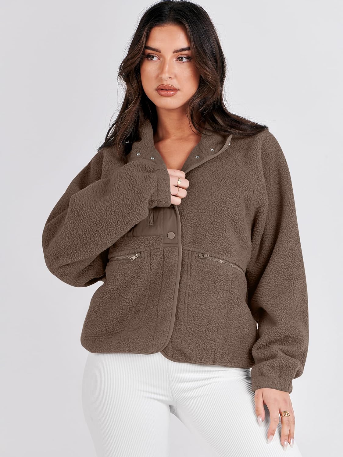 ANRABESS Womens Fuzzy Fleece Jacket Fall Casual Long Sleeve Cropped Sherpa Button Down Shacket Coats Outwear With Pockets