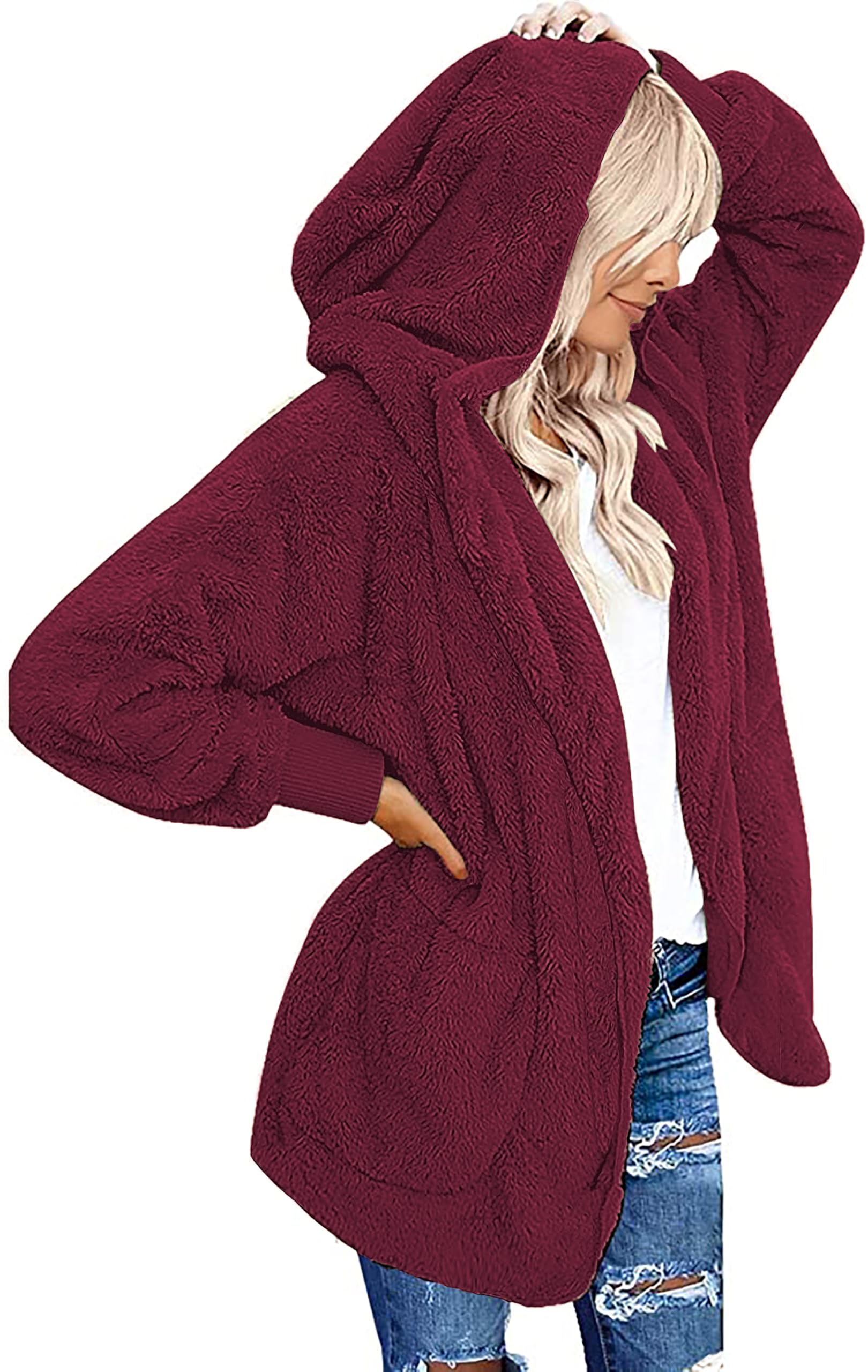 CHICGAL Womens Fuzzy Jacket Hooded Cardigan Open Front Sherpa Coat Outwear with Pockets