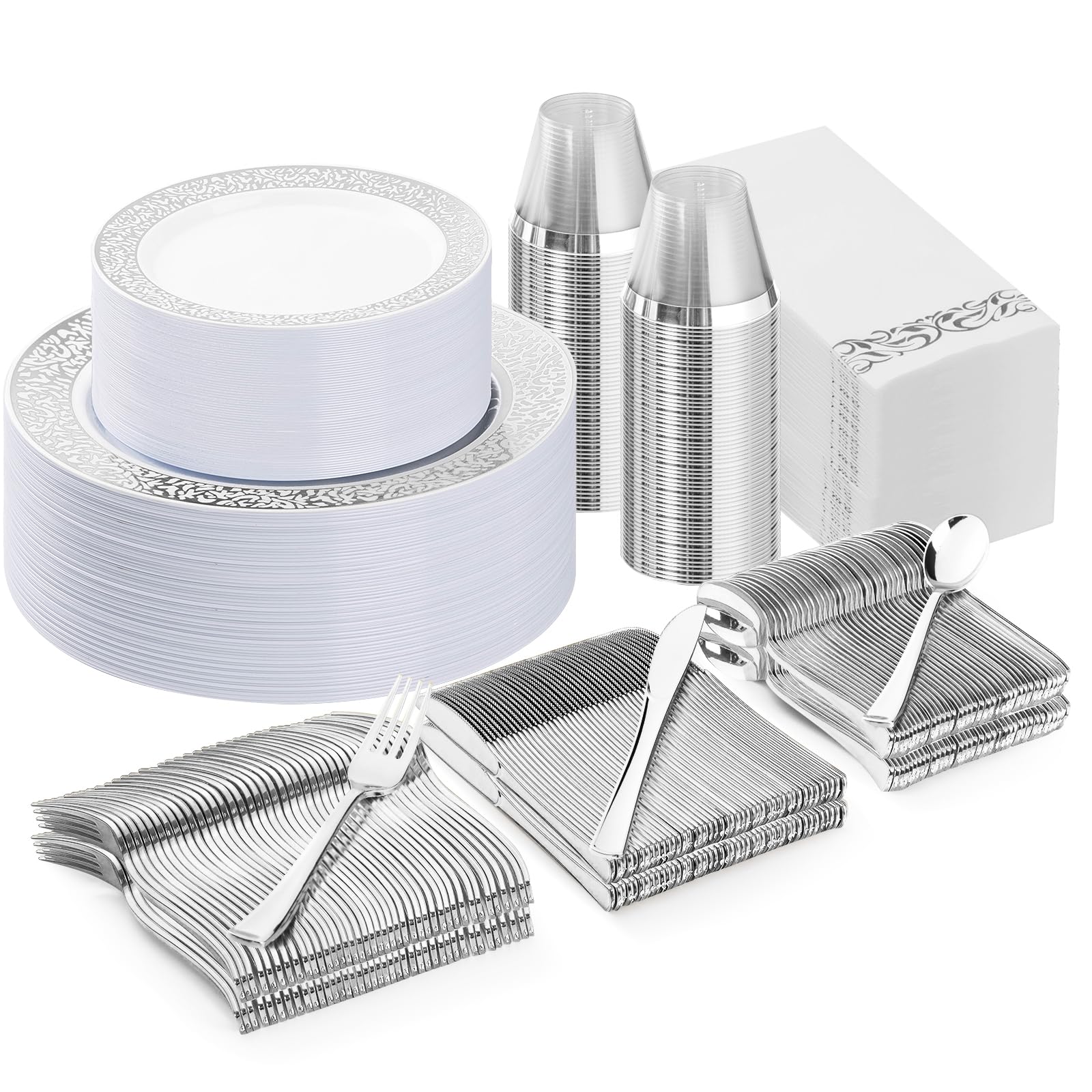 700PCS Gold Plastic Dinnerware Set for 100 Guests, Disposable Plates for Party, Include 100 Gold Dinner Plates, 100 Dessert Plates, 100 Set Silverware, 100 Cups, 100 Napkins