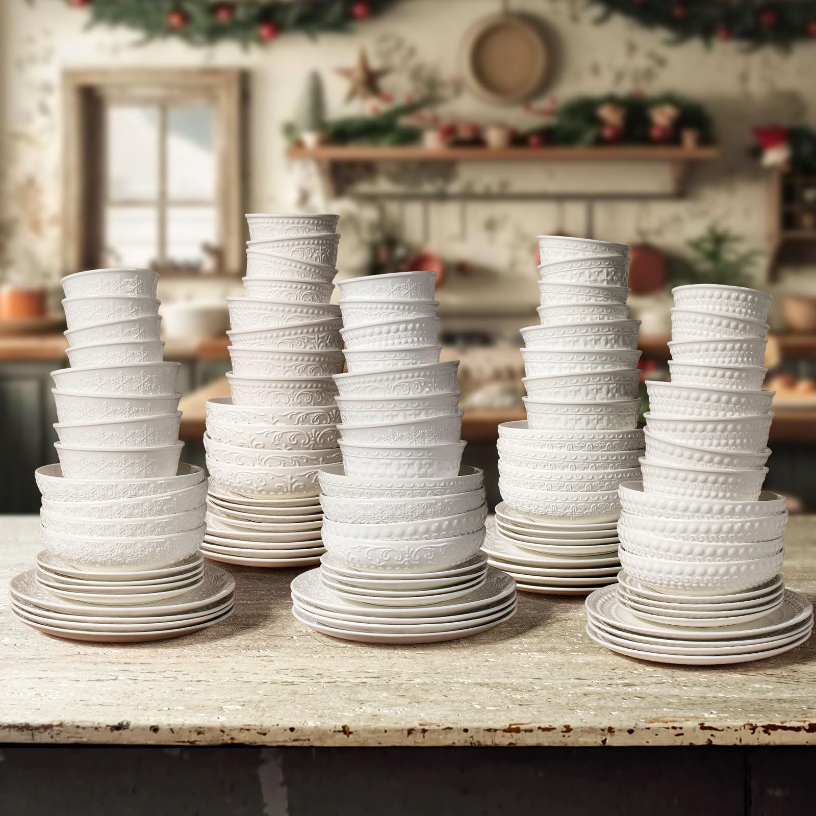 Large Salad Bowls Set of 4, 60oz White Serving Bowls Deep Deep Embossed Ceramic Mixing Bowl for Soup Kitchen, Eating, Ramen, Pasta, Dishwasher & Microwave Safe 8 inch (Multiple Patterns)