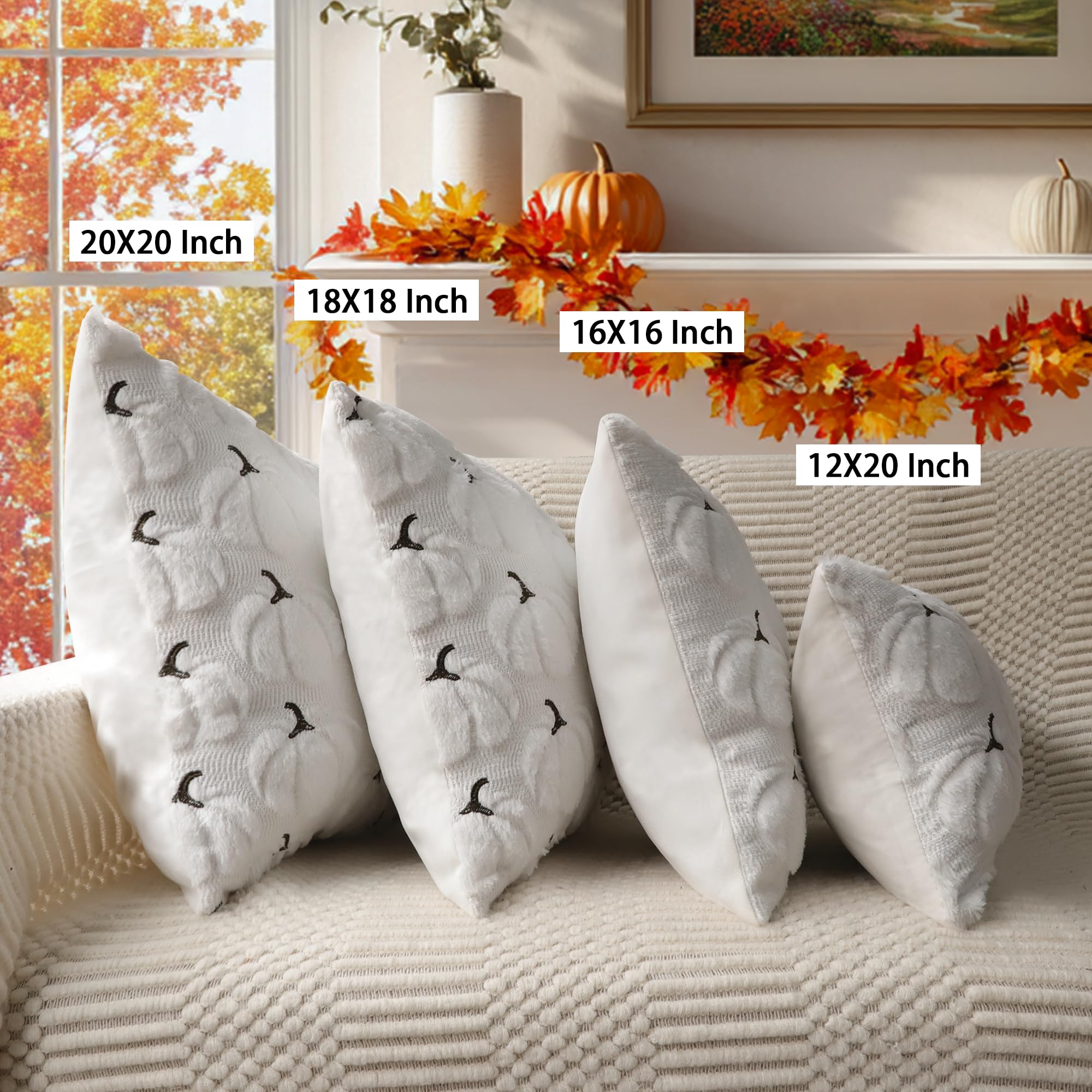 4TH Emotion Fall Pumpkins Decorative Pillow Covers 18x18 Set of 2, Beige Soft Plush Faux Fur Wool Farmhouse Throw Cushion Cases for Autumn Thanksgiving Holiday Home Decorations