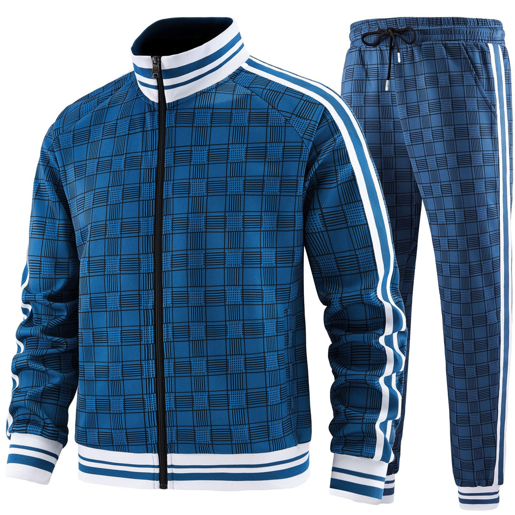 Men Tracksuits Full-zip Long Sleeve Plaid Track Jackets and Pants 2 Piece