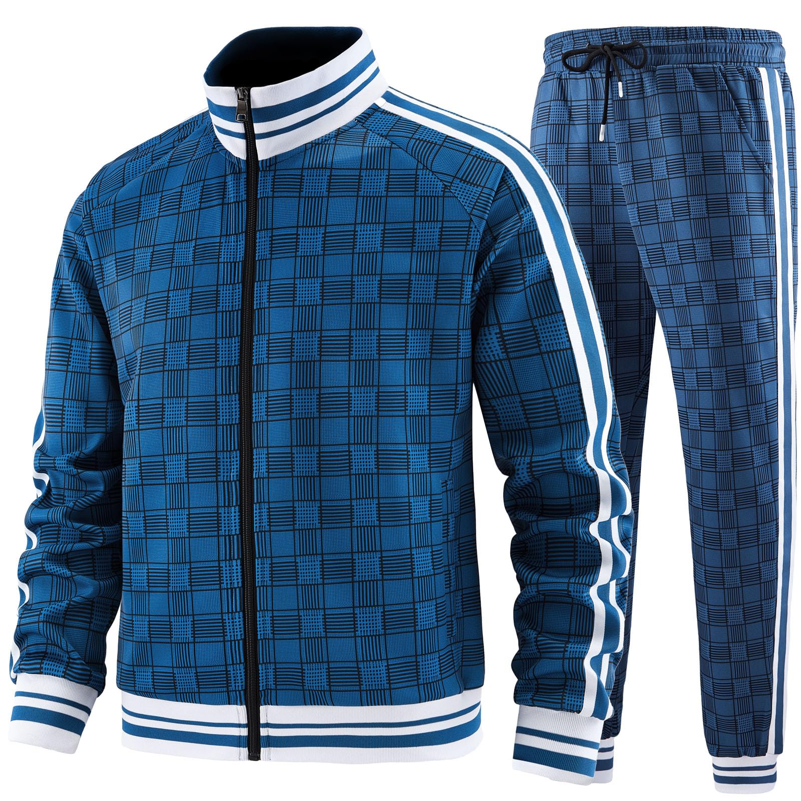 Men Tracksuits Full-zip Long Sleeve Plaid Track Jackets and Pants 2 Piece