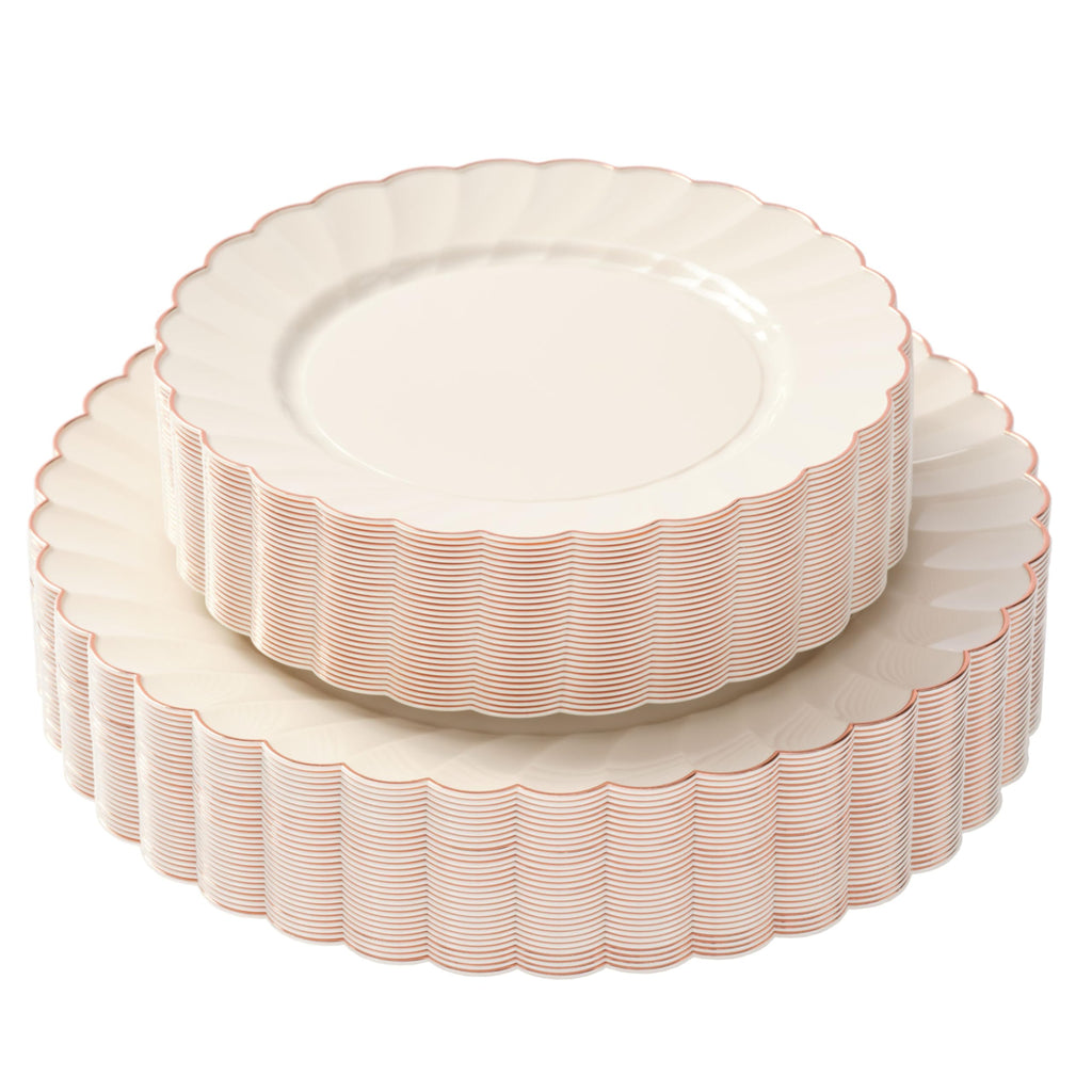 By Madee PREMIUM 60 Pc Ivory Scalloped Plastic Plates with Gold Trim – 30 Dinner & 30 Dessert Nice Plastic Plates for Party – Disposable & Elegant for Wedding, Showers, Special Moments (30 Guests)