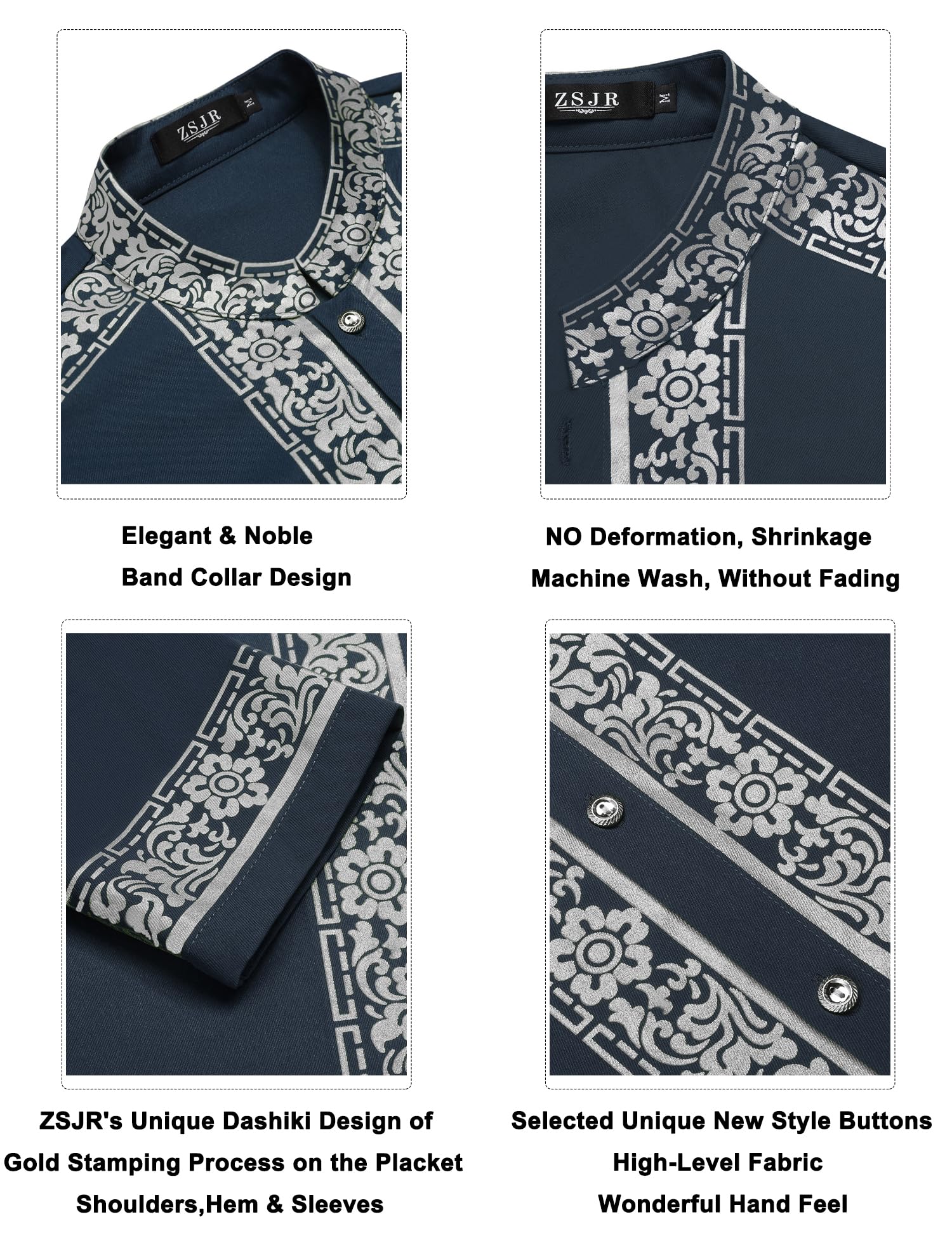 Mens African 2 Piece Set Nigerian Dashiki Metallic Traditional Suit Gold Stamp Printed Shirt and Pants Outfit