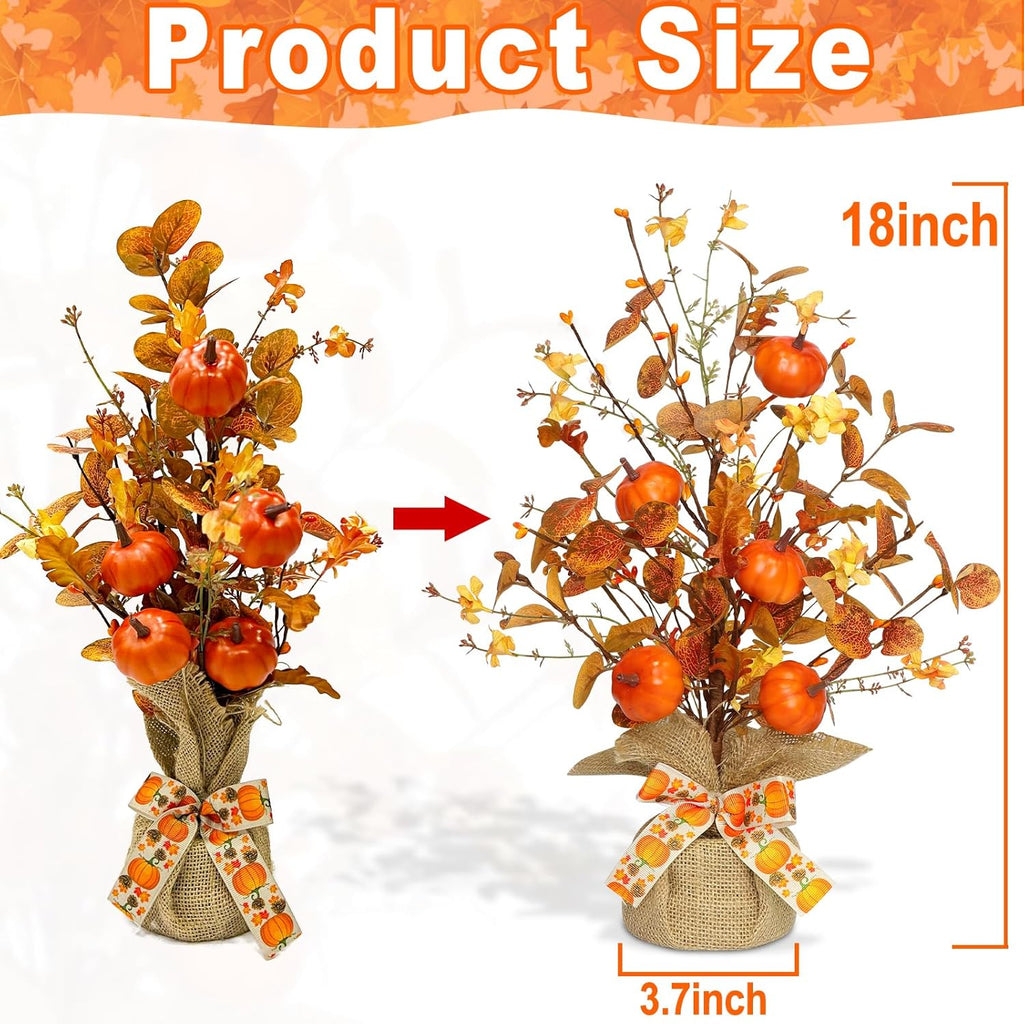 2 Pack & Timer - TURNMEON Lighted Fall Tree Tabletop Fall Decor with 30 LED Battery Operated Artificial Eucalyptus Tree Pumpkins Floral Berries Burlap Base Fall Thanksgiving Decorations Home Indoor