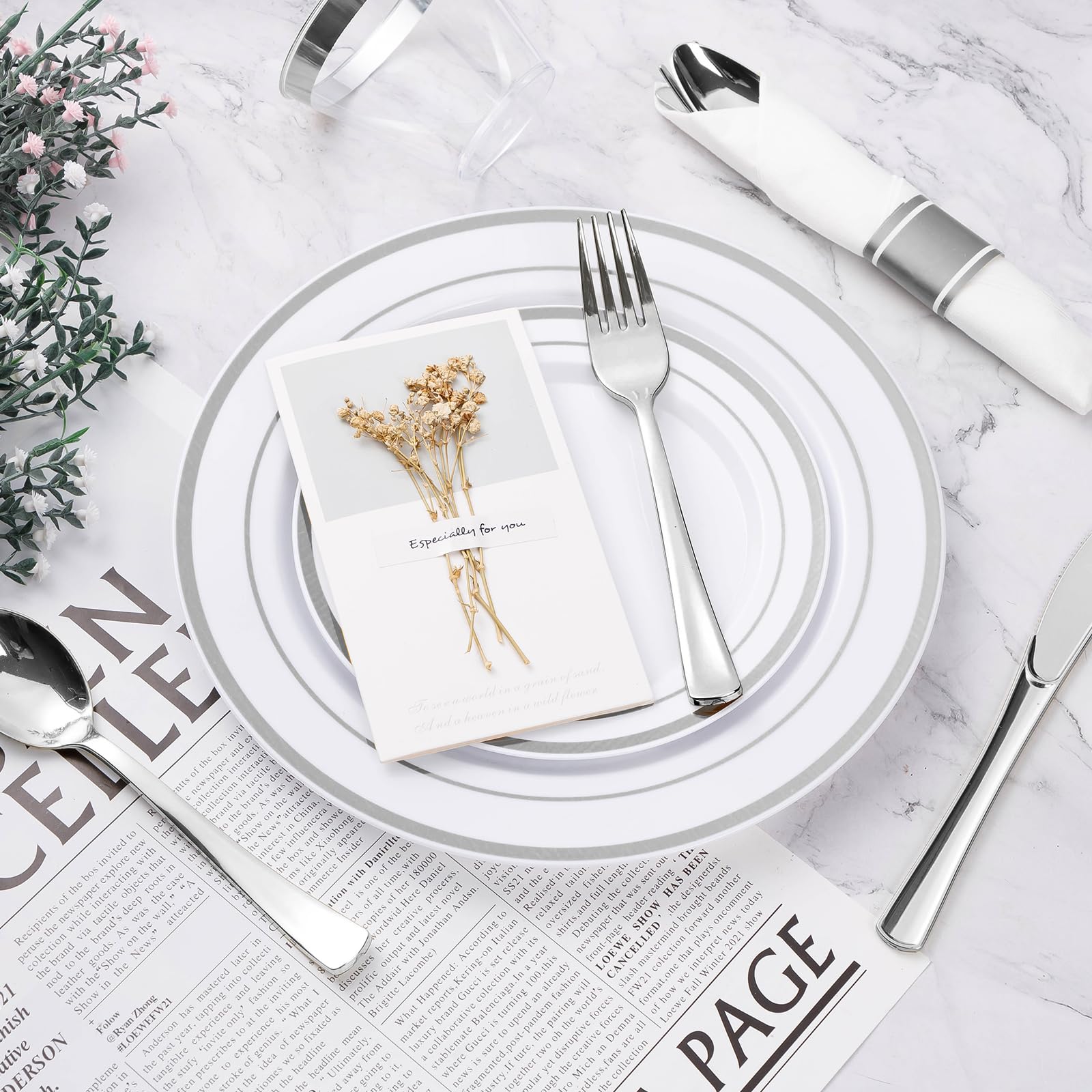 350PCS Gold Plastic Dinnerware Set, Disposable Party Plates for 50 Guests, Include: 100 Plastic Plates, 50 Pre Rolled Napkins with Gold Silverware, 50 Cups
