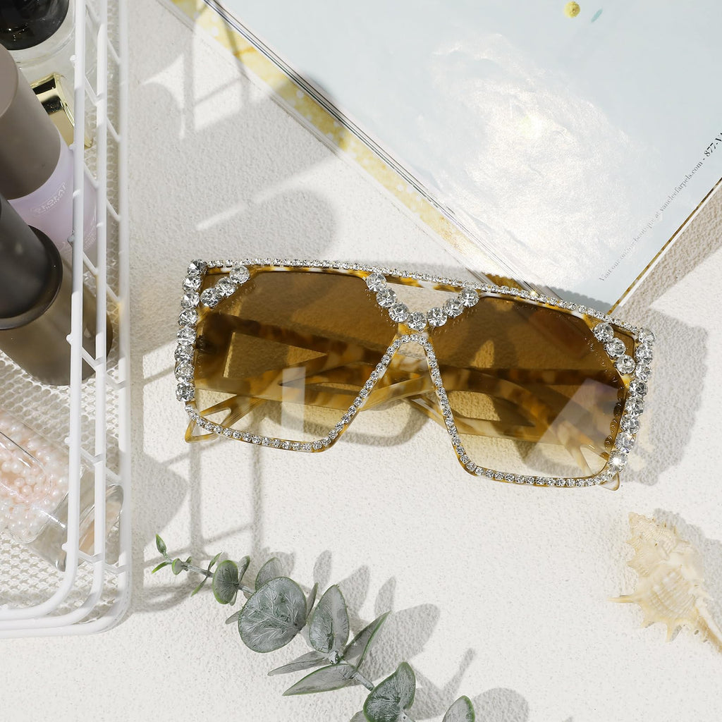 YOGFIT Oversized Square Diamond Sunglasses for Women Fashion Sparkling Crystal Retro Disco Sunglasses
