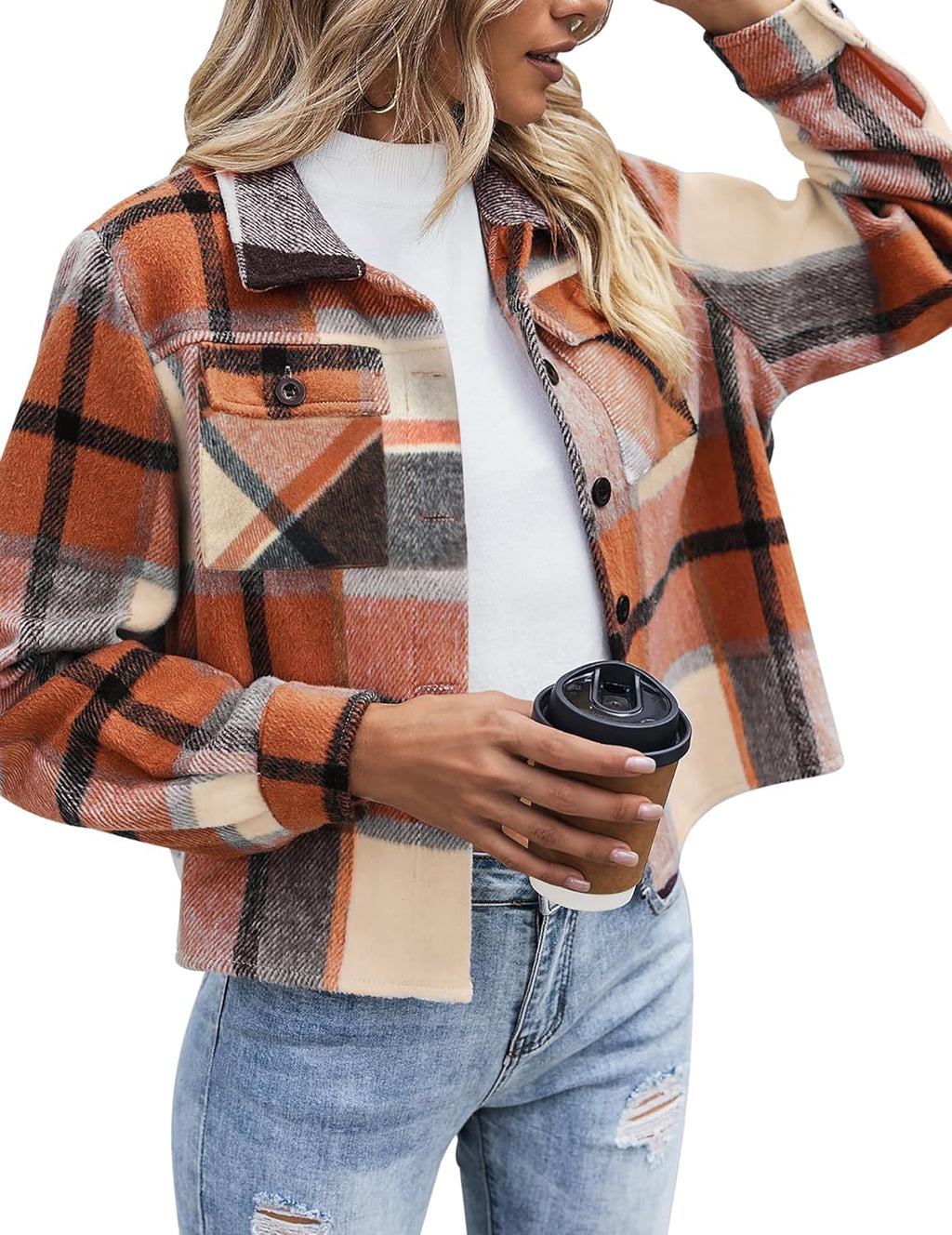 Zeagoo Flannels for Women Cropped Shacket Jacket Fashion Plaid Button Down Shirt 2025 Fall Coat Tops
