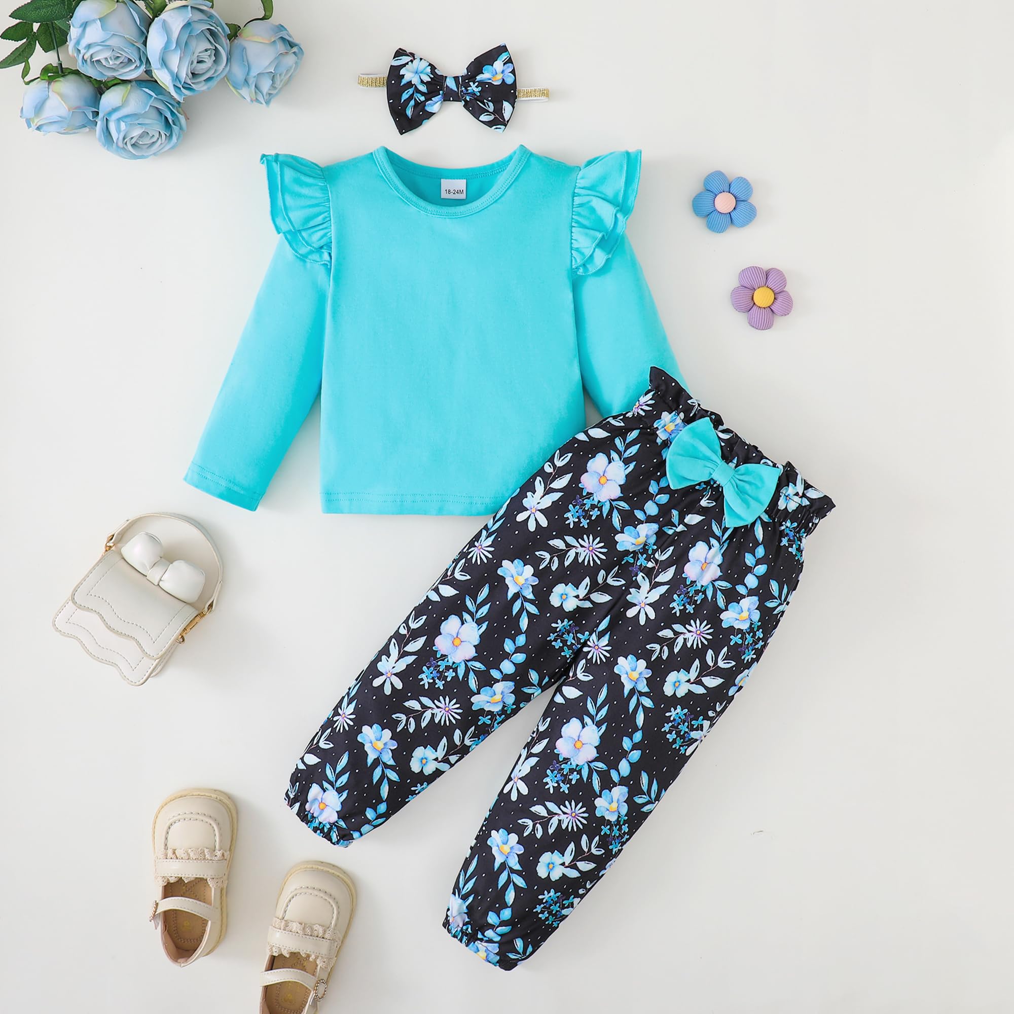 YALLET 3Pcs Toddler Girl Clothes Solid Color Long Sleeves Ruffle Top+Floral Pants+Headband 1-6 Years Fall/Winter Outfits Set