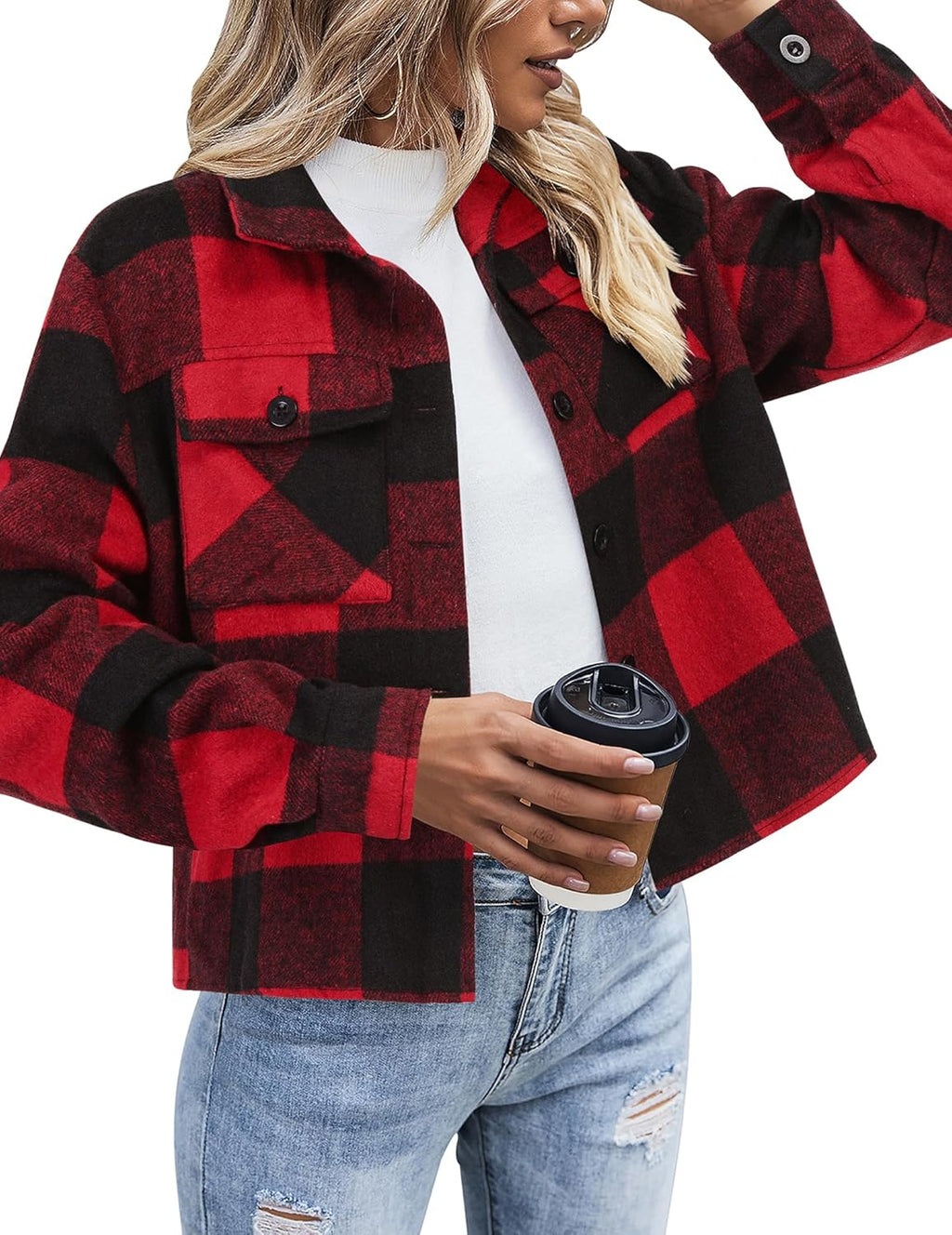 Zeagoo Flannels for Women Cropped Shacket Jacket Fashion Plaid Button Down Shirt 2025 Fall Coat Tops