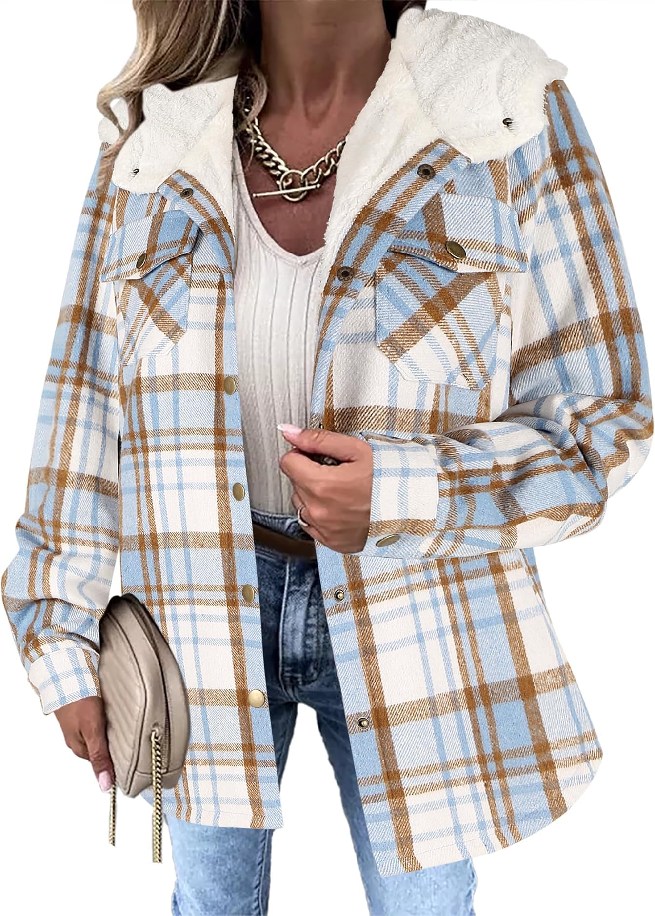 Zeagoo Womens Plaid Shacket Jacket Long Sleeve Fleece Hooded Jackets Fall Winter Warm Coat S-2XL