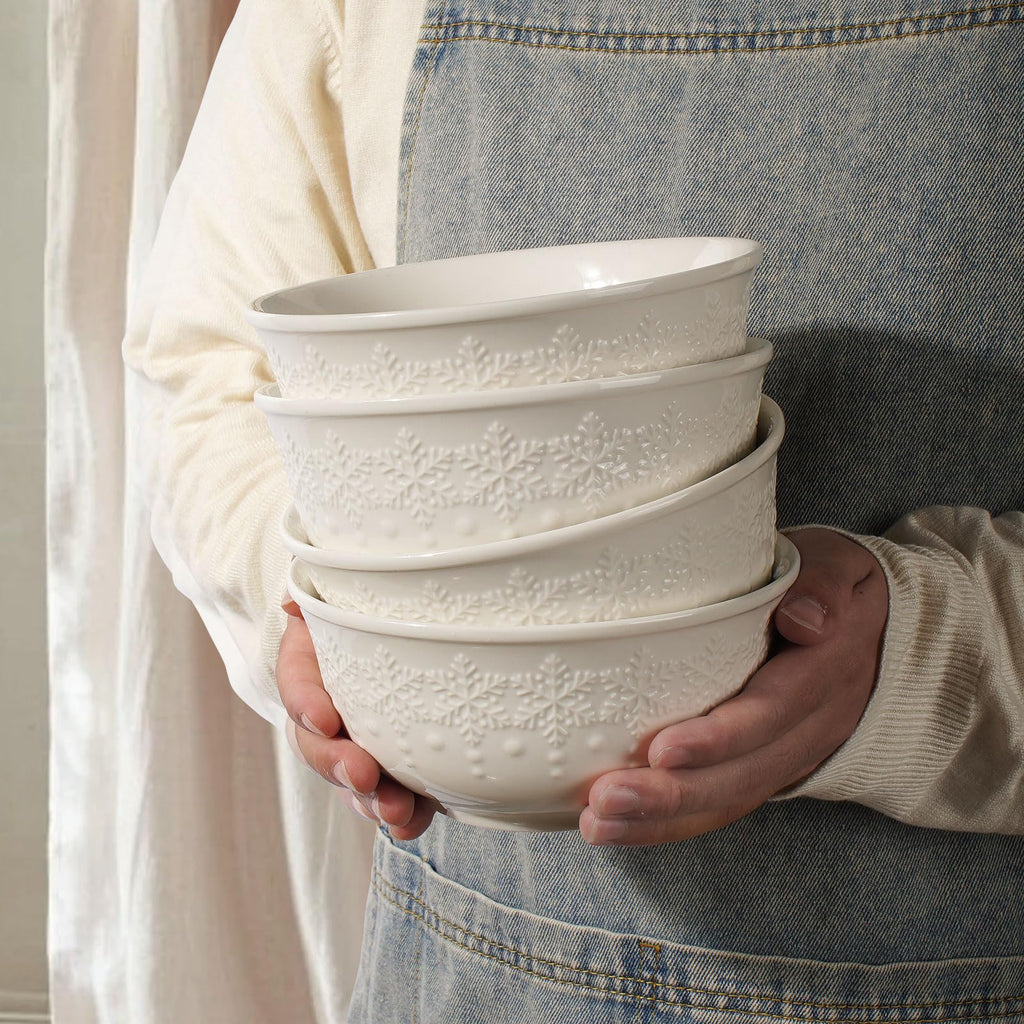 Large Salad Bowls Set of 4, 60oz White Serving Bowls Deep Deep Embossed Ceramic Mixing Bowl for Soup Kitchen, Eating, Ramen, Pasta, Dishwasher & Microwave Safe 8 inch (Multiple Patterns)