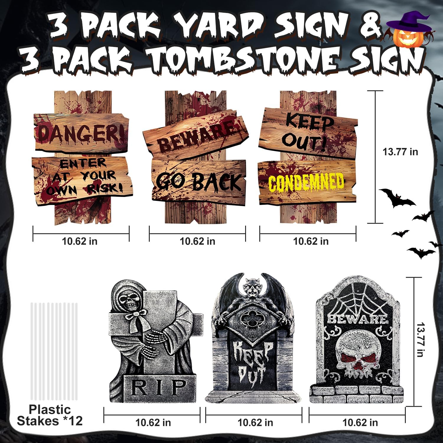 Halloween Decorations Outdoor, 6 Pack Realistic Corrugated Plastic Tombstones and Scary Graveyard Signs with Stakes, Scary Lawn Decor for Vampire Graves, Garden, Home and Party