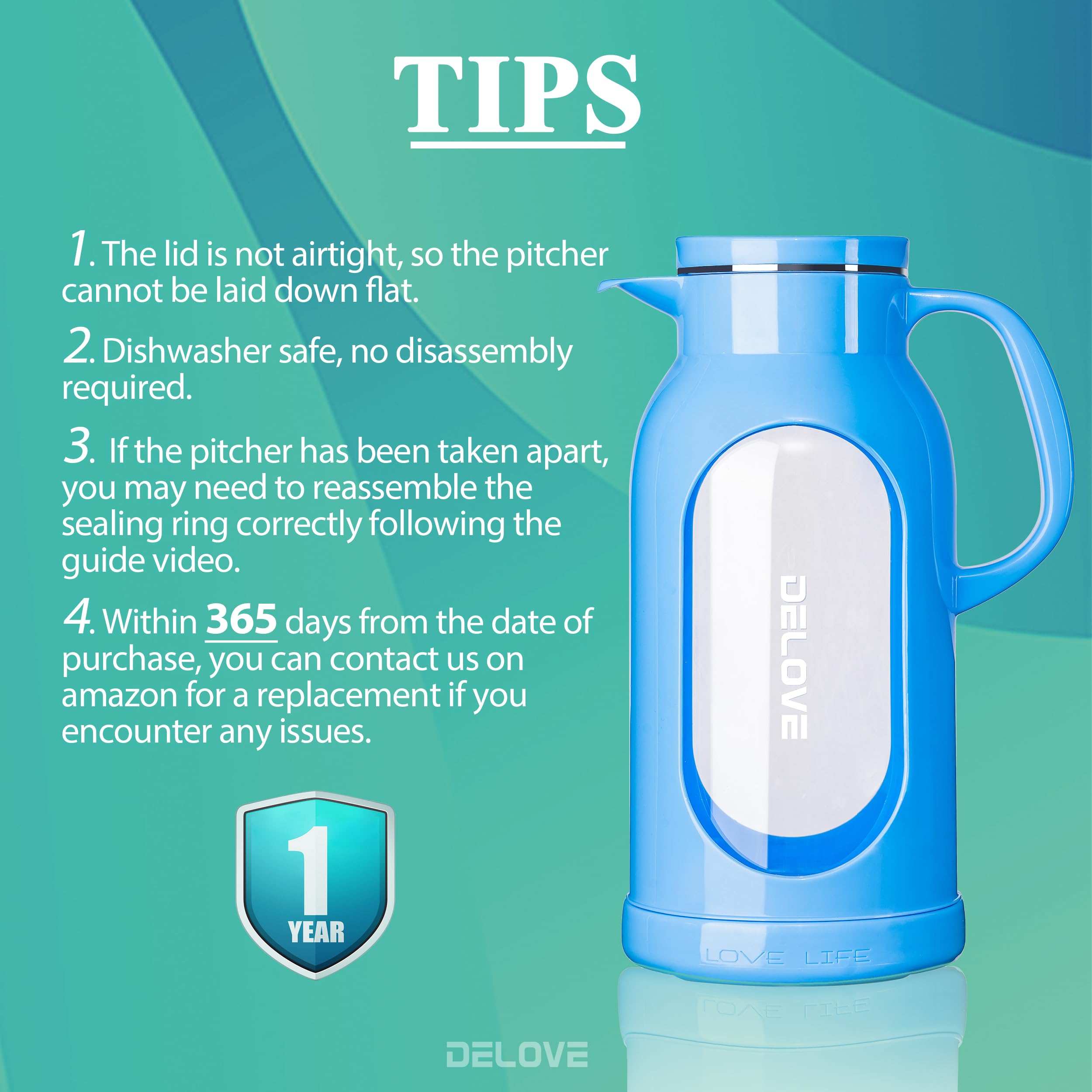 Delove 68 oz/2 Liter Glass Pitcher with Shatterproof Shell - Heat Resistant Glass Liner - Stainless Steel Lid - Carafe & Jug for Iced Tea,Hot/Cold Water,Homemade Juice Beverages (Black)