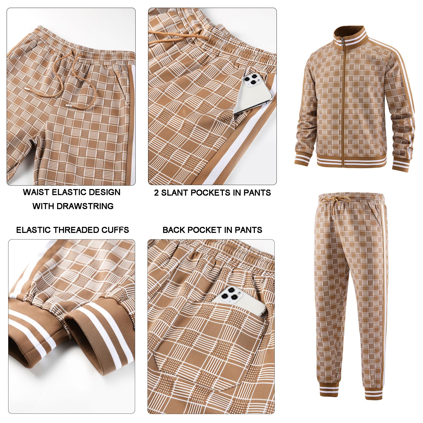 Men Tracksuits Full-zip Long Sleeve Plaid Track Jackets and Pants 2 Piece