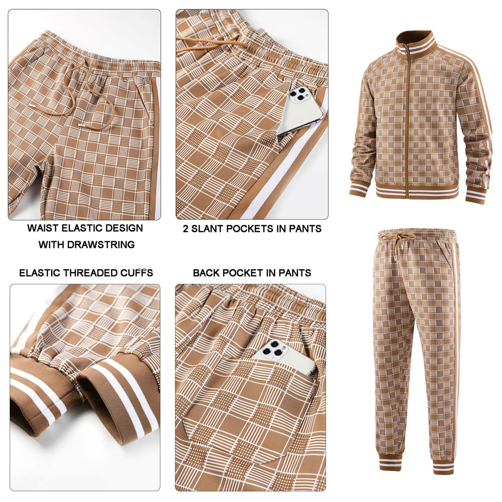 Men Tracksuits Full-zip Long Sleeve Plaid Track Jackets and Pants 2 Piece