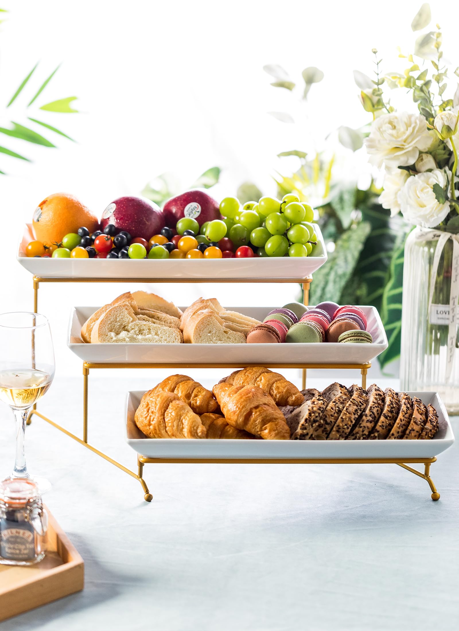 LYEOBOH 3 Tier Serving Bowls Set with Collapsible Thicker Metal Stand, Oval Serving Dishes for Entertaining Tiered Serving Stand for Fruit, Dessert, Candy, Chip and Dip (Black)