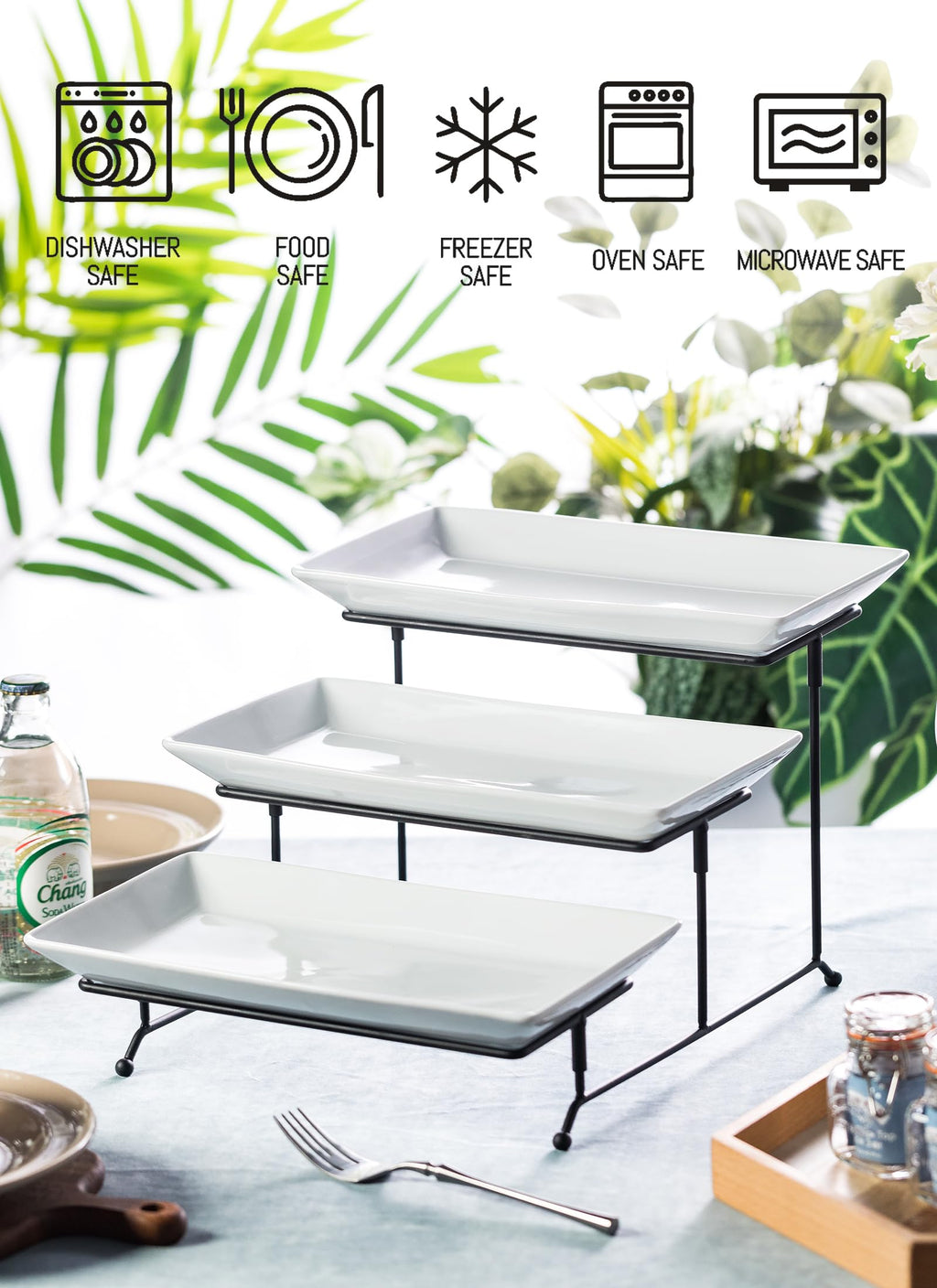 LYEOBOH 3 Tier Serving Bowls Set with Collapsible Thicker Metal Stand, Oval Serving Dishes for Entertaining Tiered Serving Stand for Fruit, Dessert, Candy, Chip and Dip (Black)