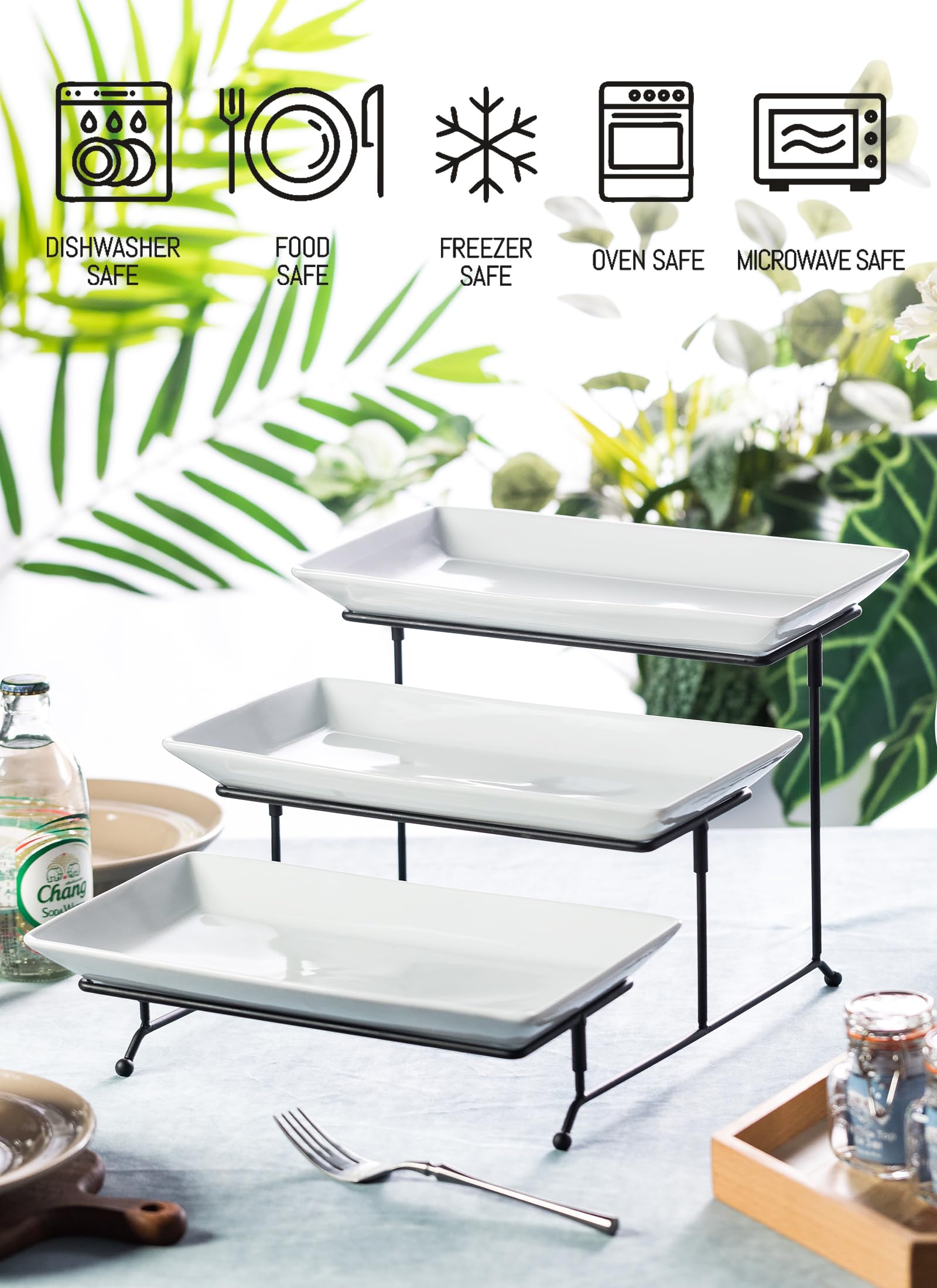 LYEOBOH 3 Tier Serving Bowls Set with Collapsible Thicker Metal Stand, Oval Serving Dishes for Entertaining Tiered Serving Stand for Fruit, Dessert, Candy, Chip and Dip (Black)