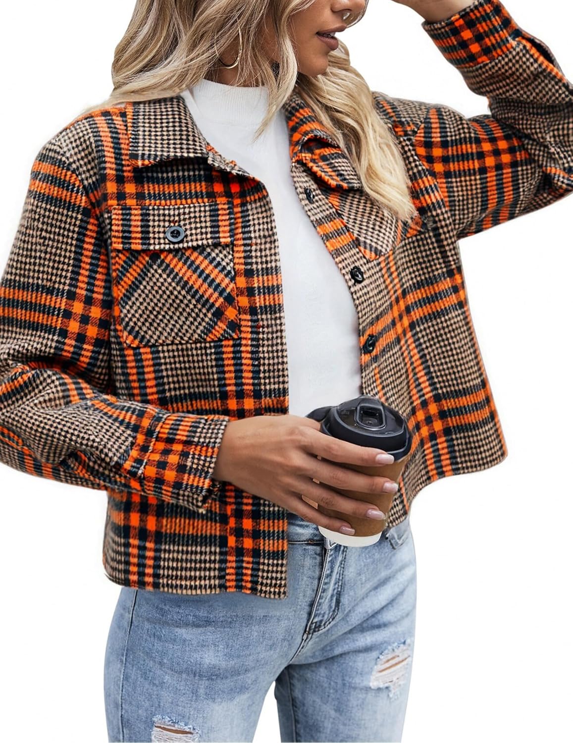 Zeagoo Flannels for Women Cropped Shacket Jacket Fashion Plaid Button Down Shirt 2025 Fall Coat Tops