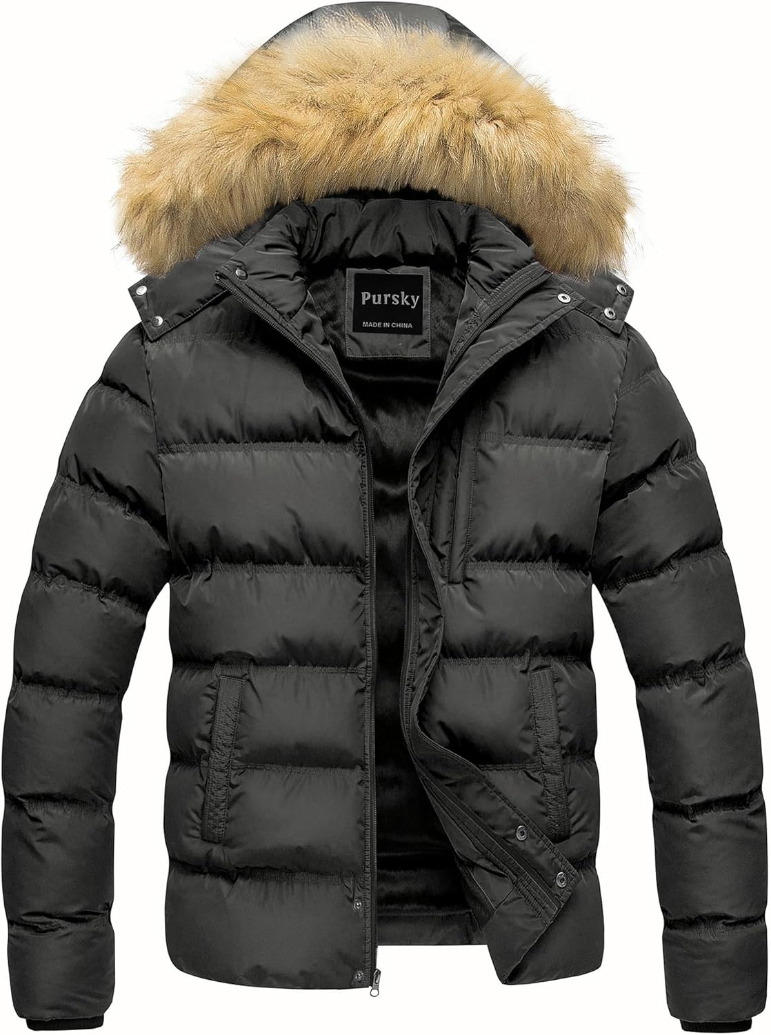 Pursky Men's Puffer Jacket Waterproof Winter Bubble Coats Ski Parka Fur Hooded