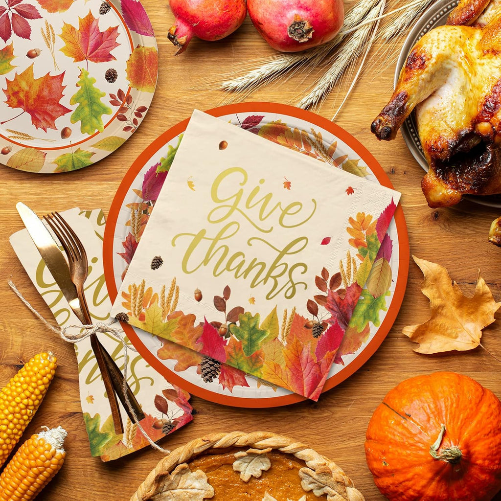 Fall theme Party Supplies Kit, Serve 25, Autumn Harvest Disposable Dinnerware Includes: Paper Dinner Plates, Dessert Plates, Napkins, Cups, and Tablecloth, for Thanksgiving Party Decorations