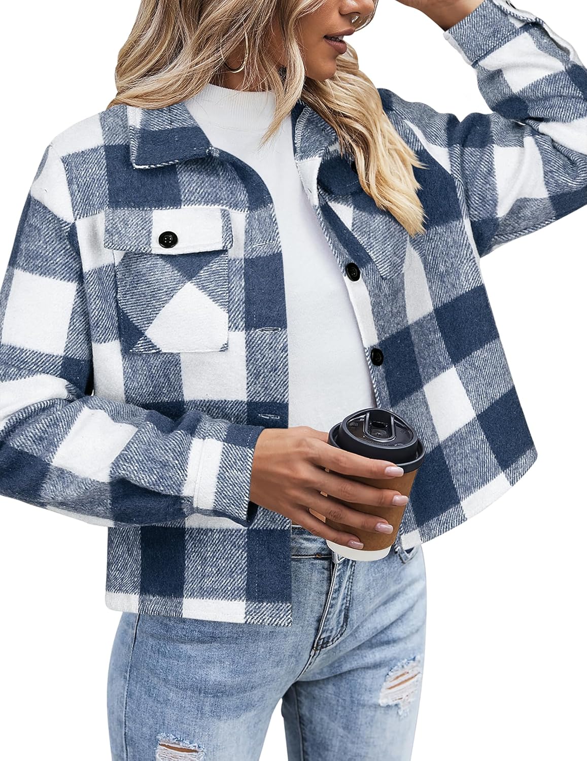 Zeagoo Flannels for Women Cropped Shacket Jacket Fashion Plaid Button Down Shirt 2025 Fall Coat Tops