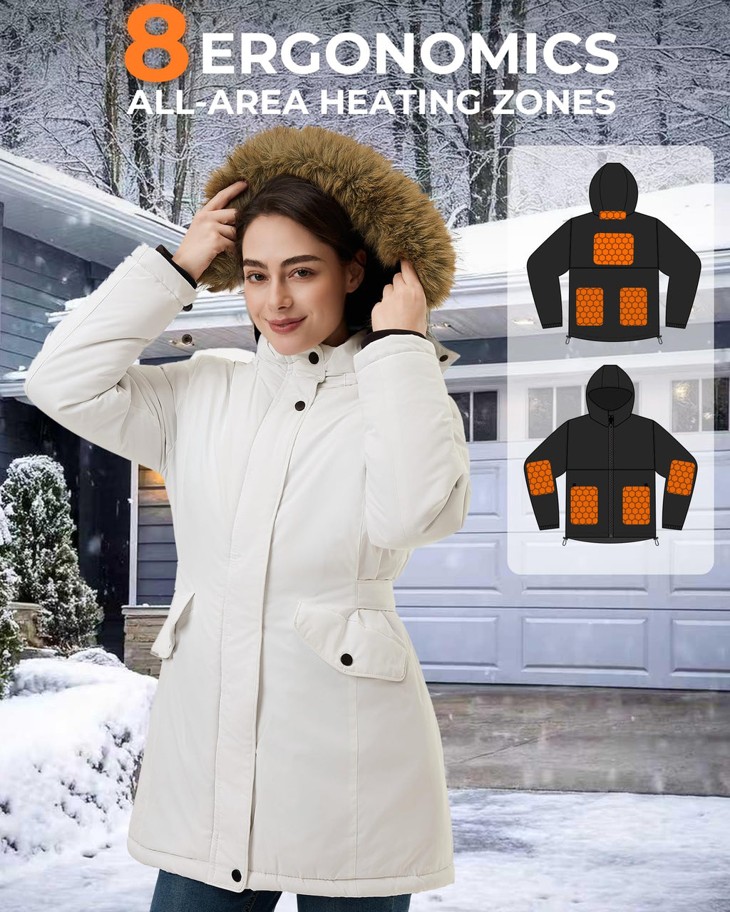 Graphene Long Heated Jacket for Women with 18400mAh 12V Battery Pack, Womens Parka Coat with Faux Fur Detachable Hood