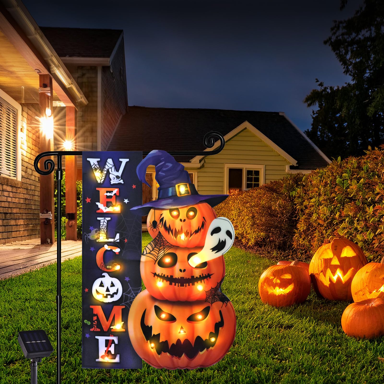 Halloween Lighted Garden Flag for Outside, Led Solar Yard Flag 8 Modes Witch Feet Shape Flag, 12x18 Double Sided Cauldron Eyeball Black Cat Decorations for Home Porch