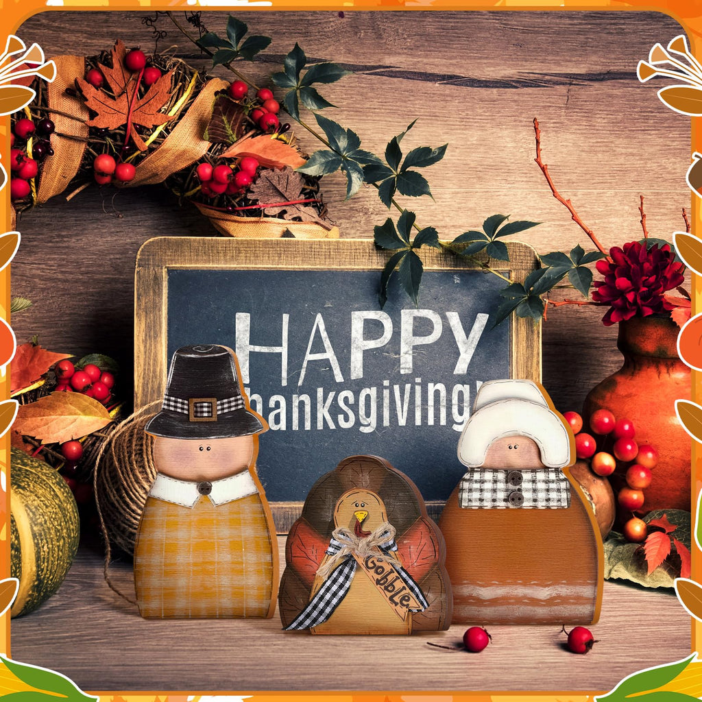 3 Pcs Fall Thanksgiving Decorations Fall Wooden Turkey Pilgrim Couple Table Sign Thanksgiving Standing Tabletop Decor for Autumn Harvest Indoor Tabletop(Turkey)