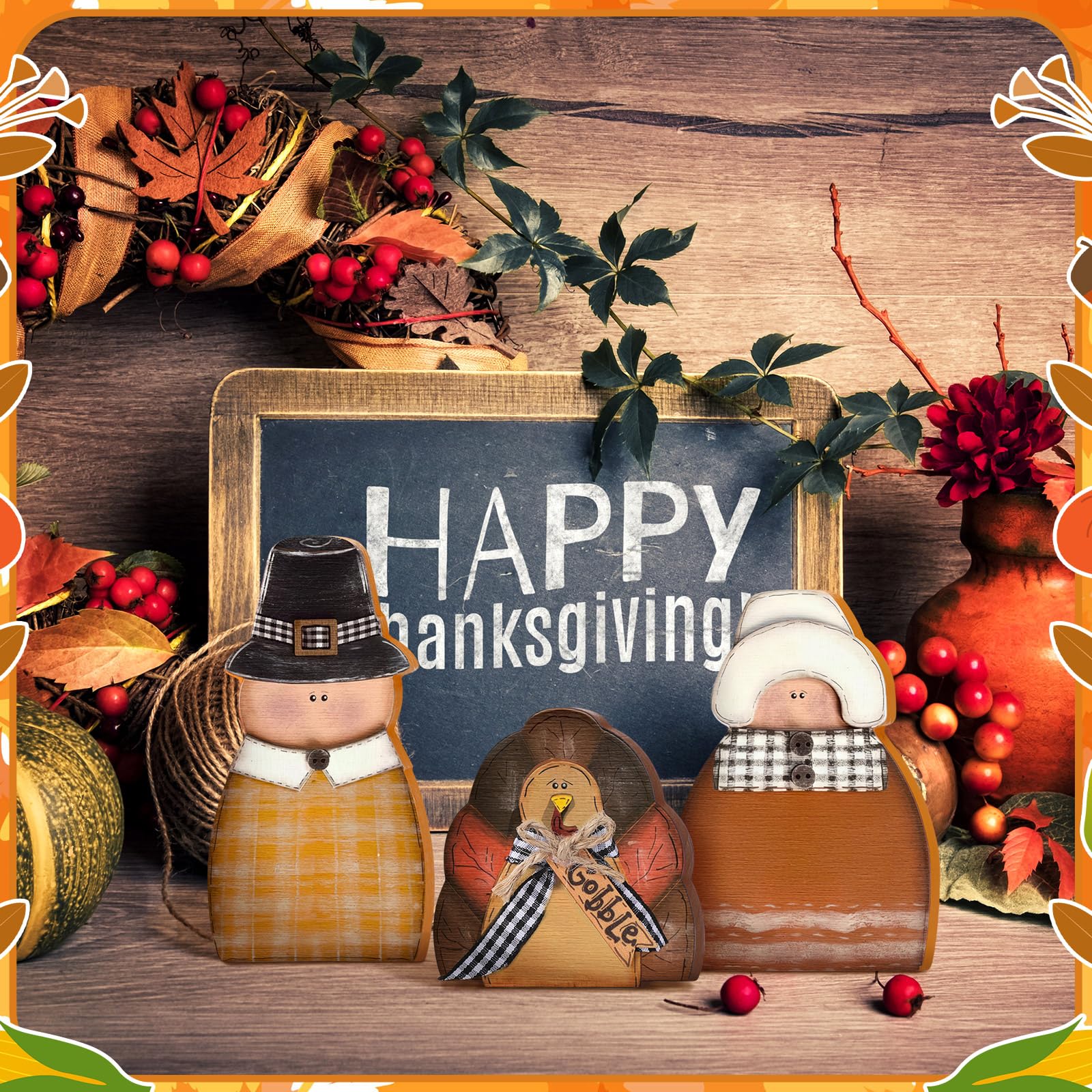 3 Pcs Fall Thanksgiving Decorations Fall Wooden Turkey Pilgrim Couple Table Sign Thanksgiving Standing Tabletop Decor for Autumn Harvest Indoor Tabletop(Turkey)