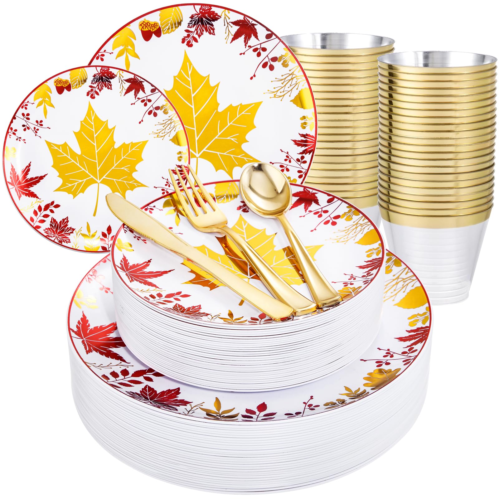 KIRE 150PCS Thanksgiving Plates Dinnerware Pumpkins - Plastic Thanksgiving Plates with Gold Silverware Include 25 for Dinner 25 for Salad 25Forks 25Knives 25Spoons 25Gold Cups