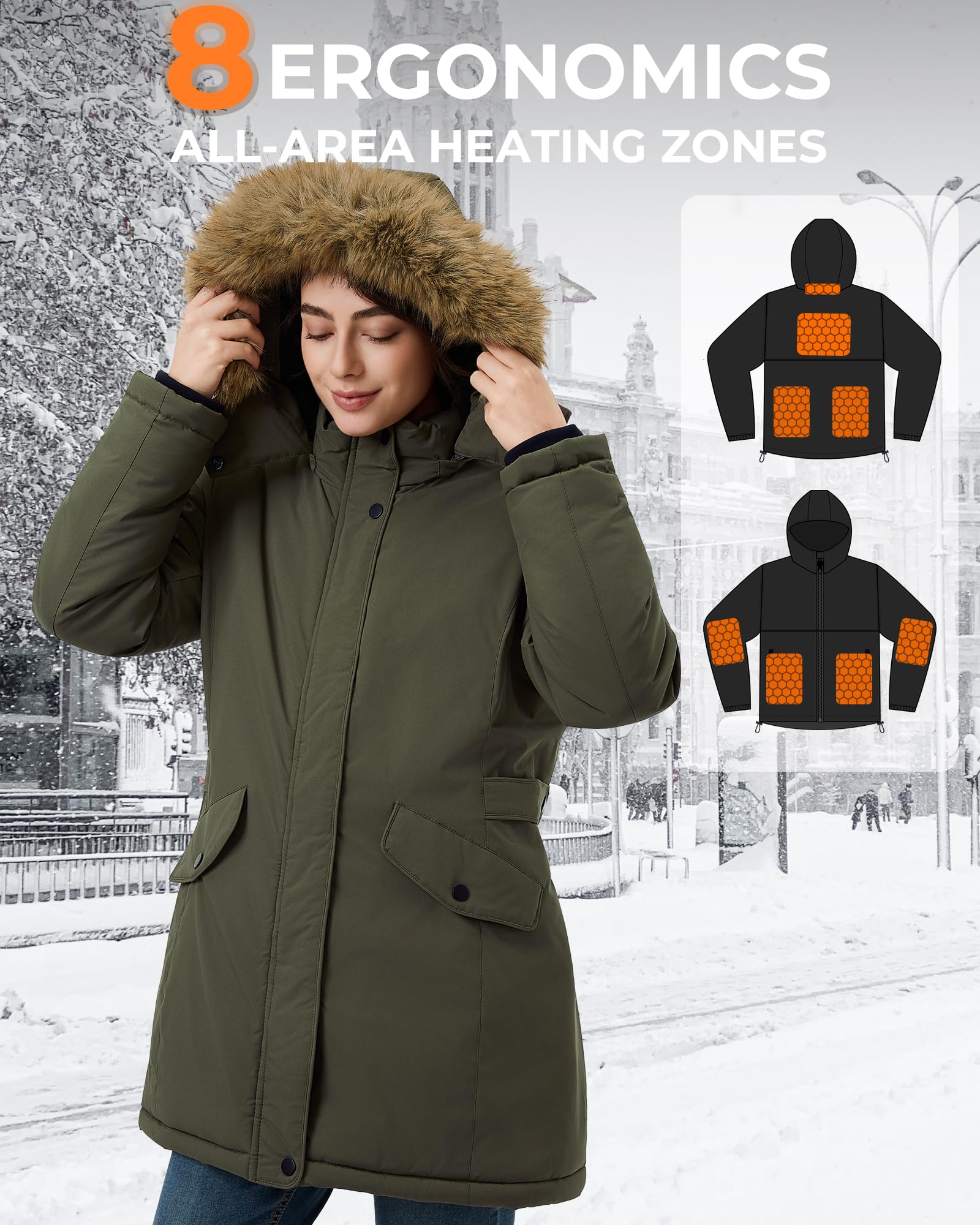 Graphene Long Heated Jacket for Women with 18400mAh 12V Battery Pack, Womens Parka Coat with Faux Fur Detachable Hood
