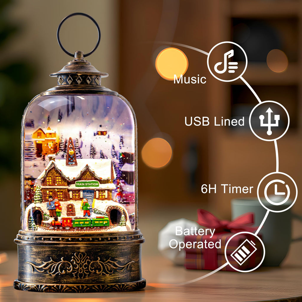 Fall Snow Globe Lantern with Autumn Turkey and Pumpkins Thanksgiving LED Decor for Home, Indoor Tabletop Centerpiece with Glitter Flakes, Harvest Light Decorations