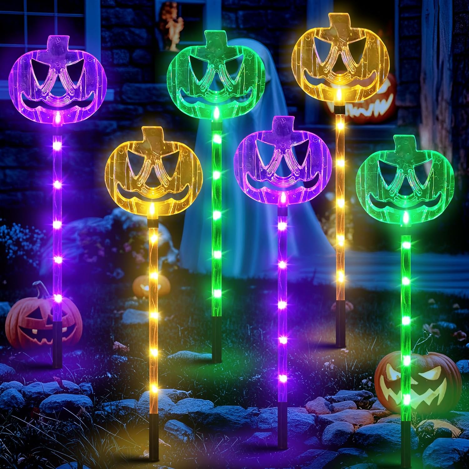 6 Pack Solar Pumpkin Stake Lights for Halloween Decorations Outdoor, Waterproof Solar Halloween Lighted Pumpkin Pathway Lights for Garden Yard Patio Porch Pathway Grave