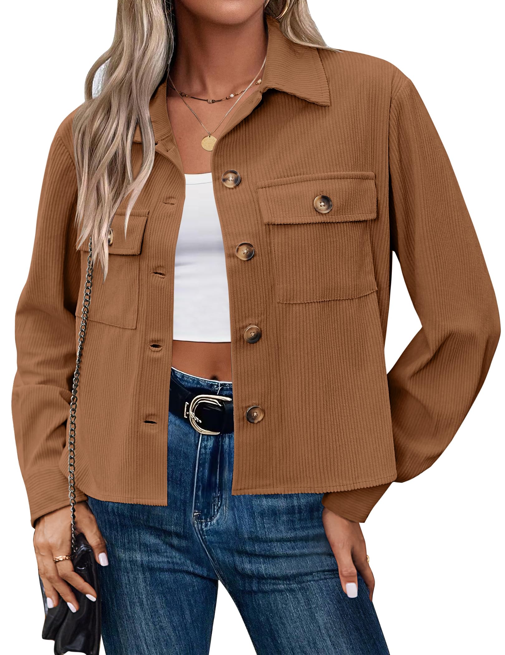 Zeagoo Womens Fashion Cropped Corduroy Shackets Button Down Jackets Tops Fall Trendy Long Sleeve Shirts